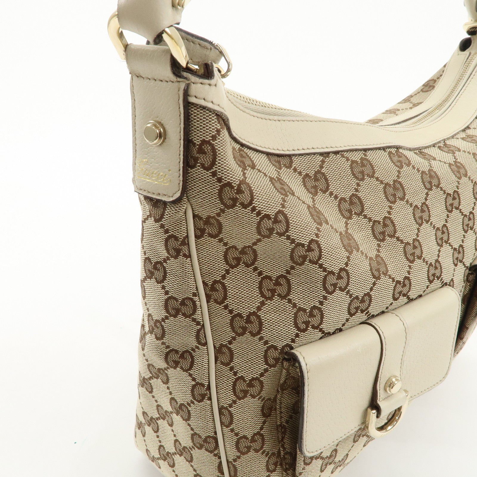 GUCCI GG Canvas Leather Shoulder Bag Beige Ivory 153025 Used