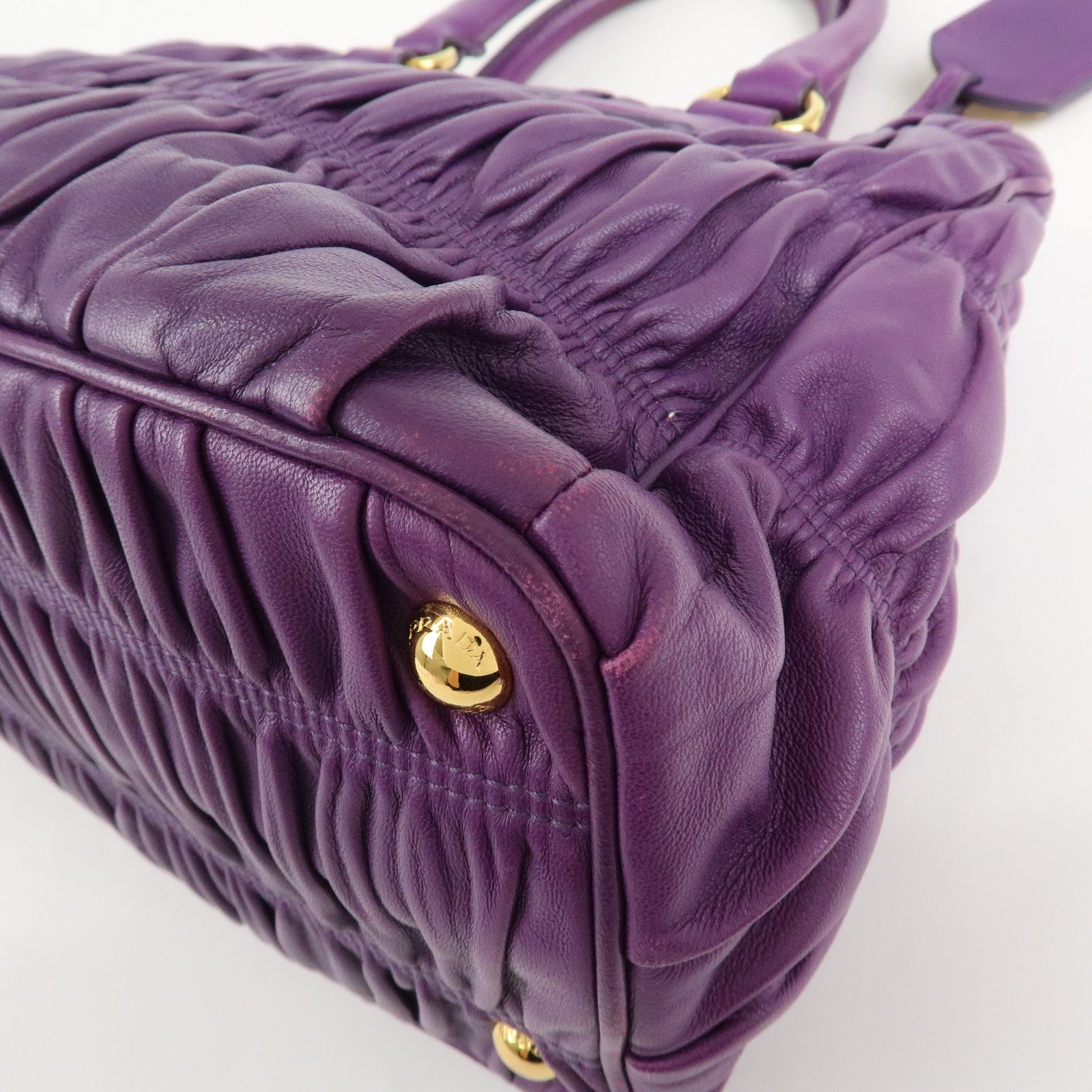 PRADA Leather Gathered Hand Bag Purple Gold Hardware BN2394