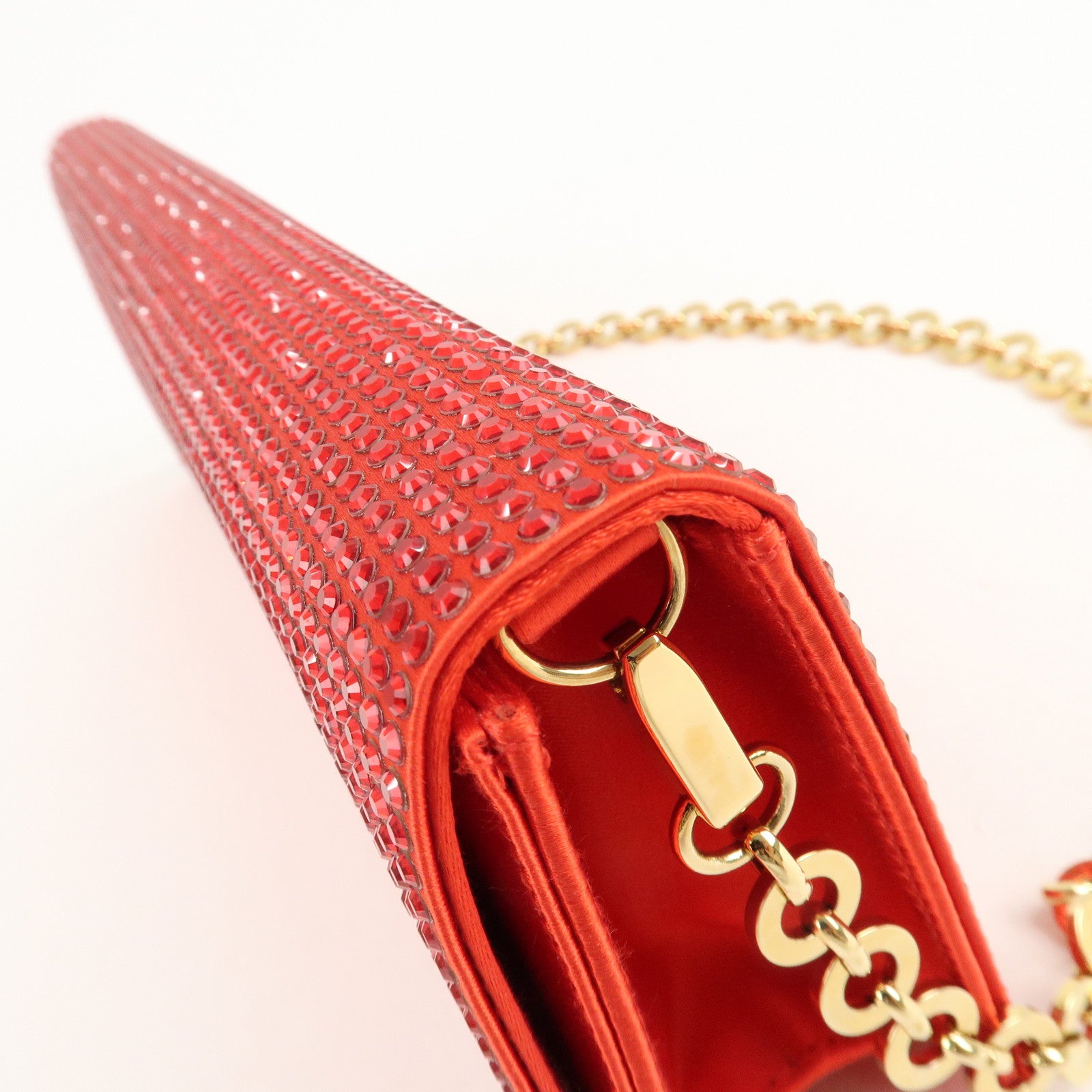 Ferragamo Nylon Rhinestone 2Way Bag Chain Shoulder Bag Red Used