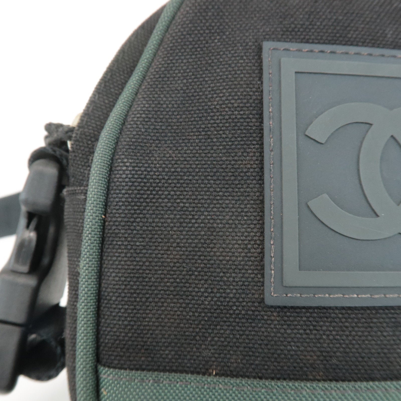 CHANEL Sports COCO Mark Canvas Shoulder Bag Black Green A23300 Used