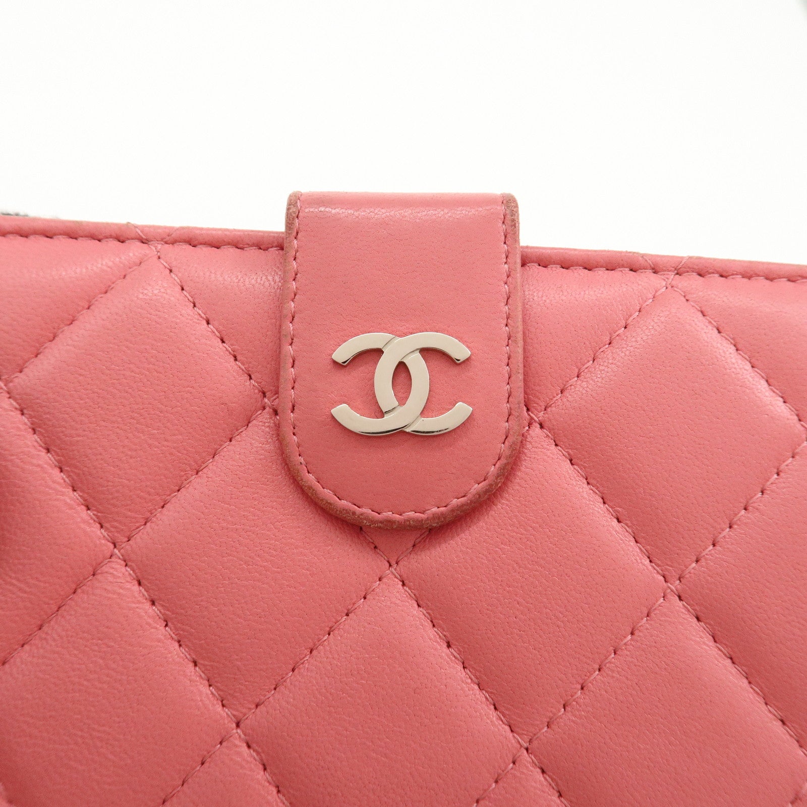 CHANEL Matelasse Lamb Skin Coco Mark Bi-fold Wallet Pink A48667 Used