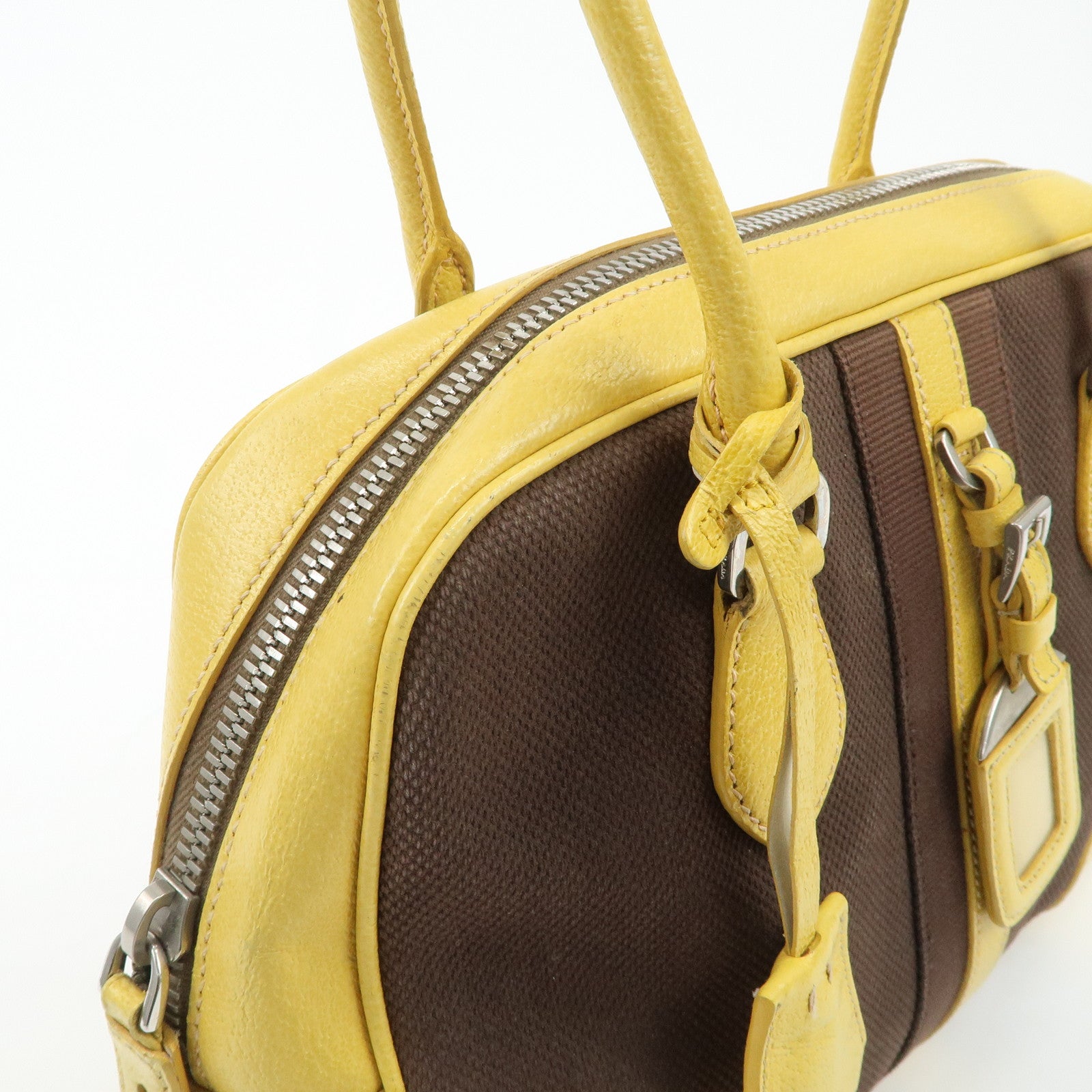 PRADA Canvas Leather Shoulder Bag Hand Bag Brown Yellow