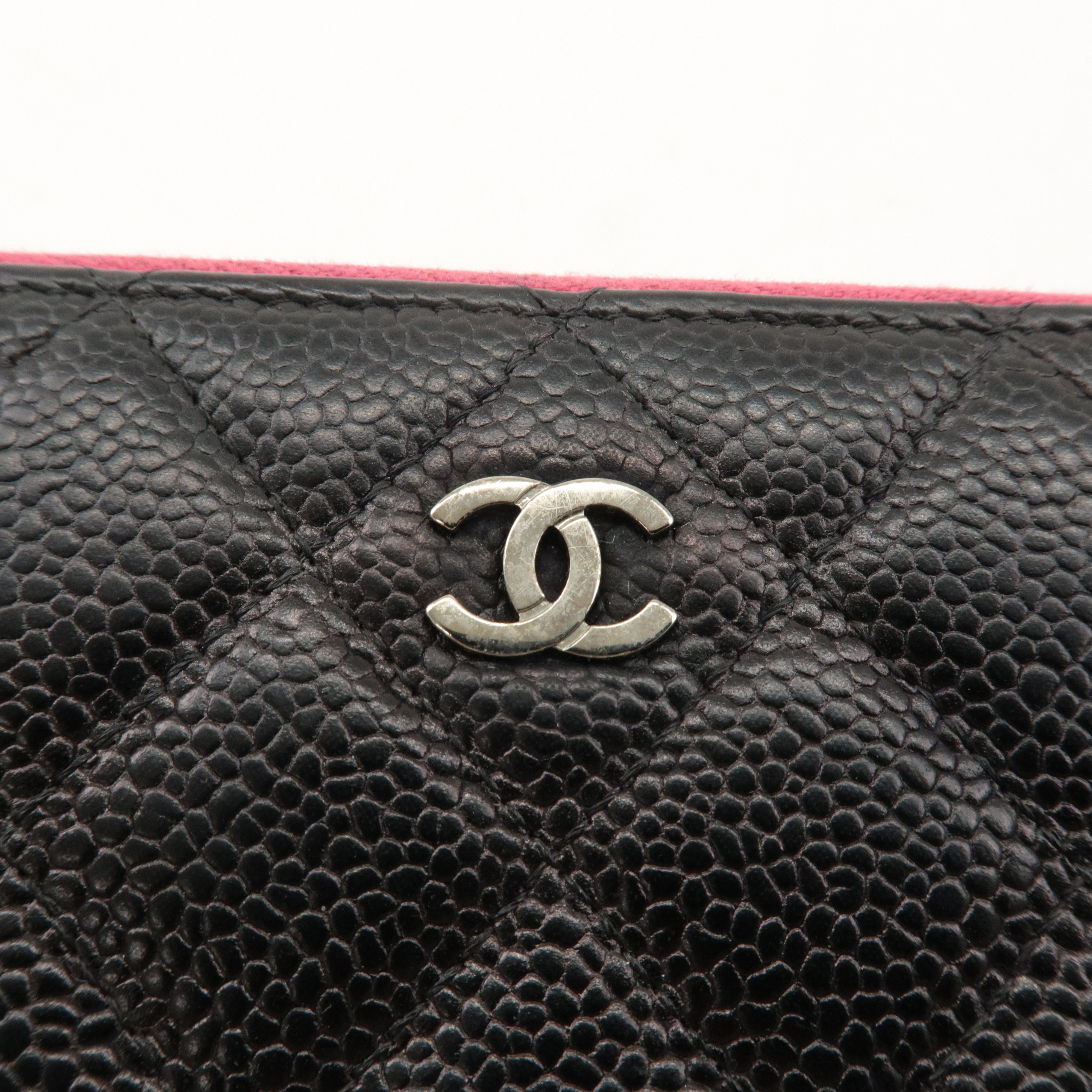 CHANEL Caviar Skin Zip Round Long Wallet Black Pink