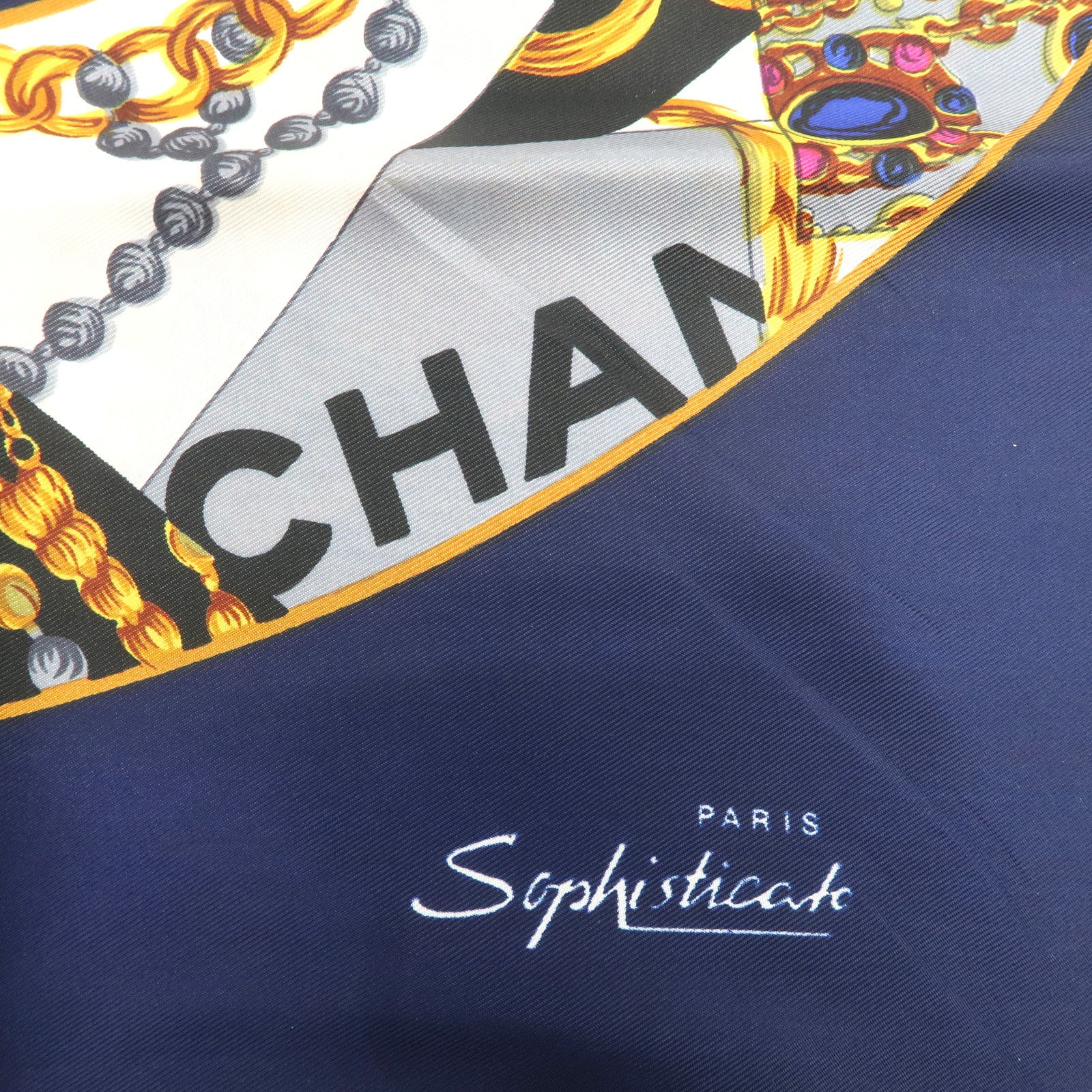 CHANEL COCO Mark Scarf Silk 100 % Navy Blue Gold Used