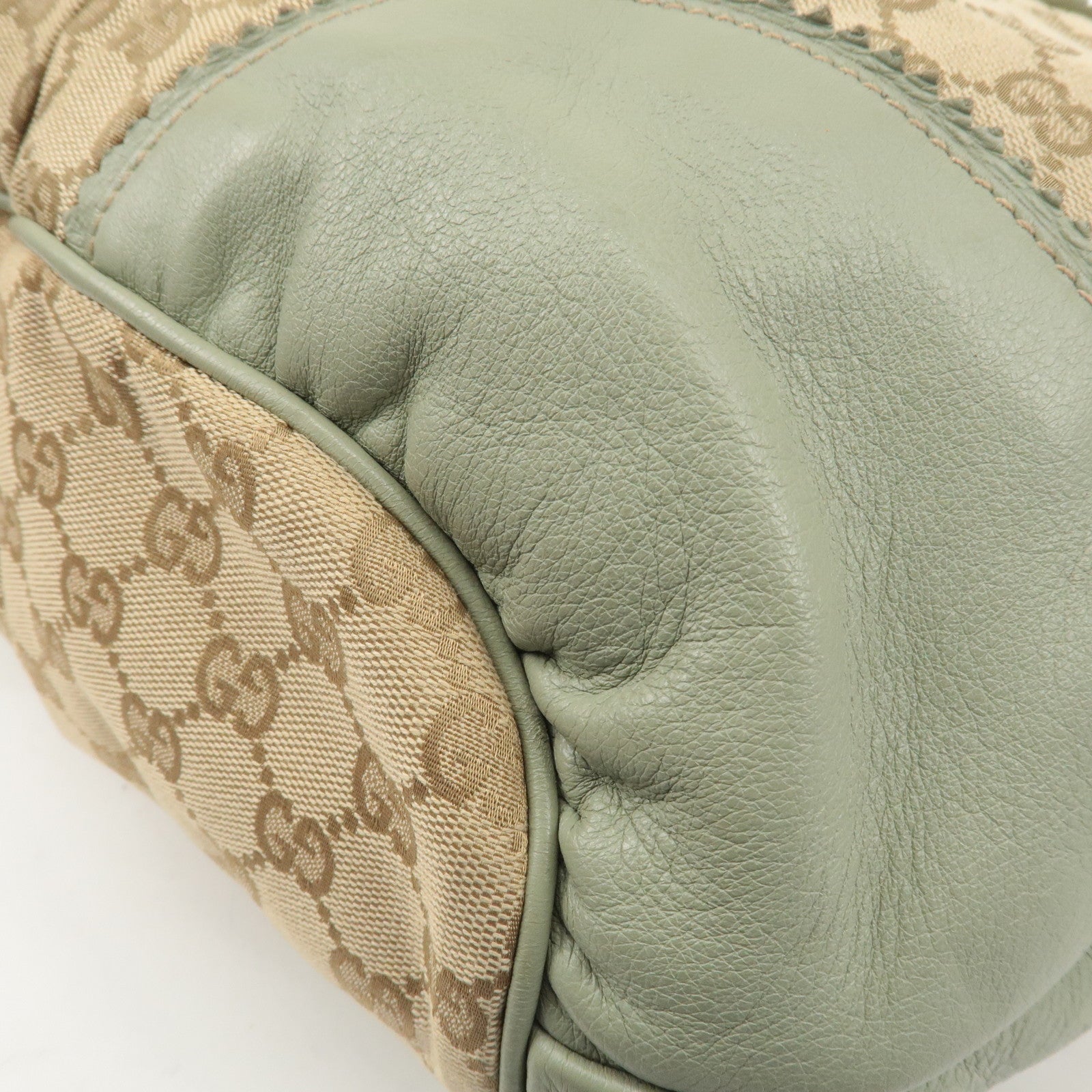 GUCCI GG Canvas Leather Tote Bag Beige Light Green 211954