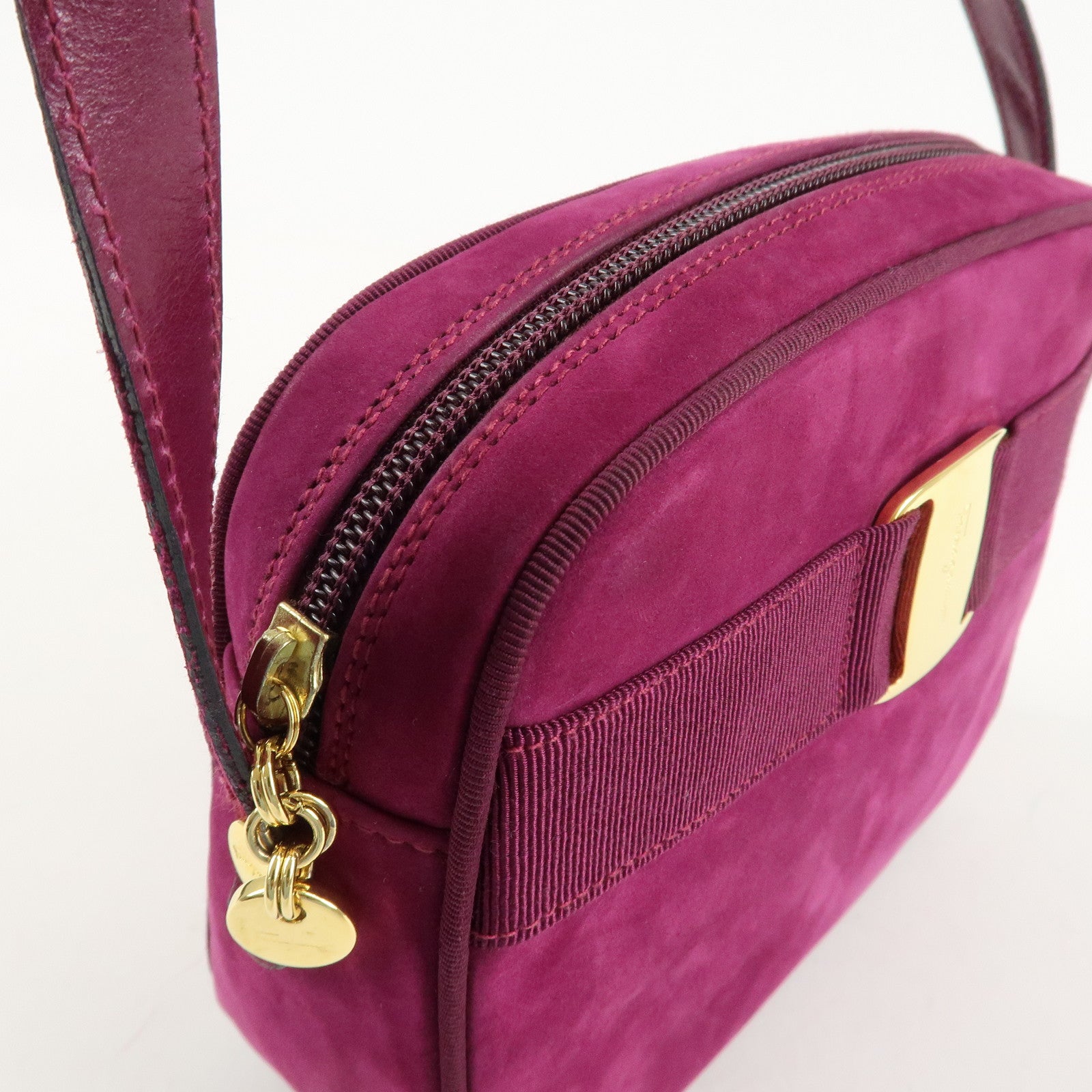 Ferragamo Vara Ribbon Suede Leather Shoulder Bag Purple