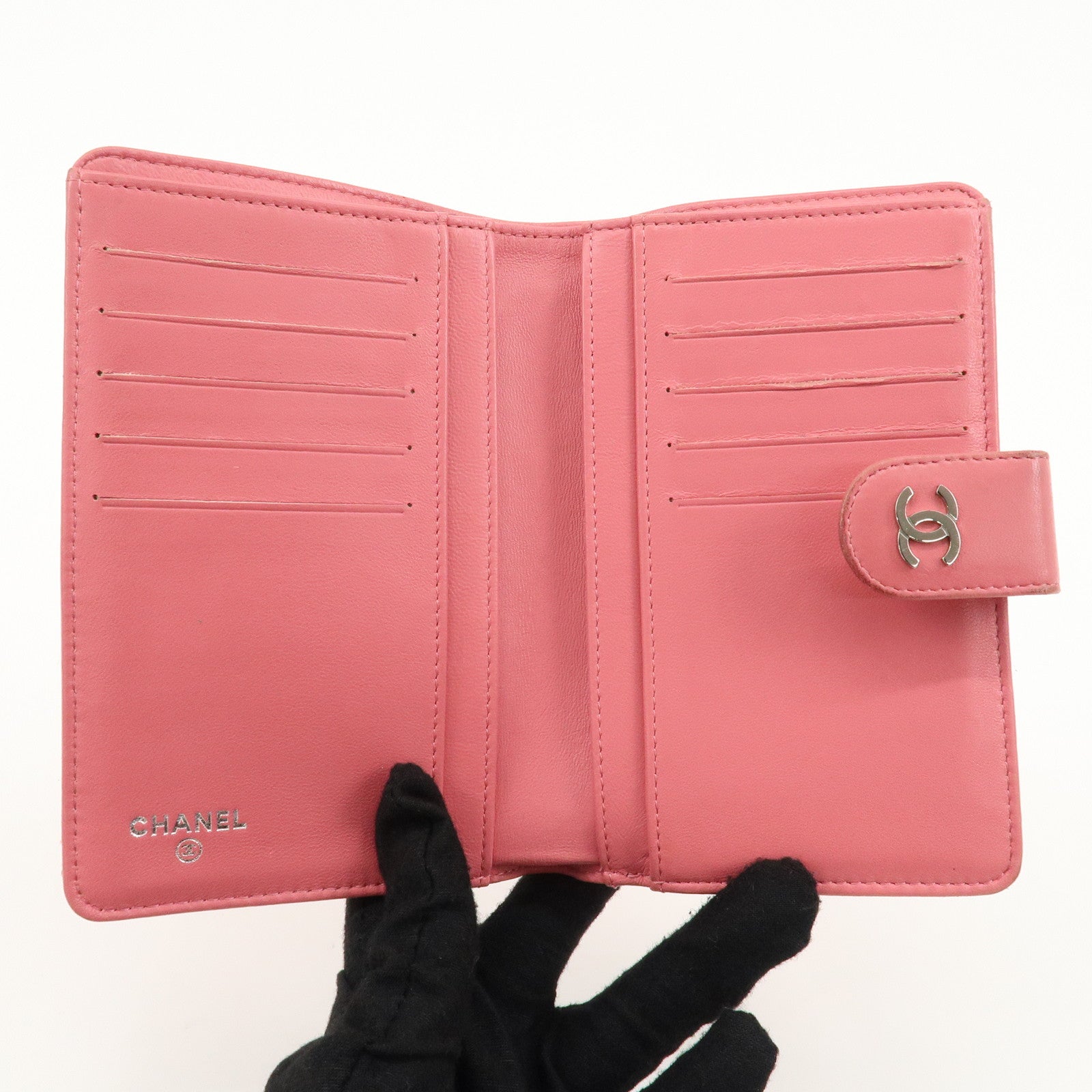 CHANEL Matelasse Lamb Skin Coco Mark Bi-fold Wallet Pink A48667 Used