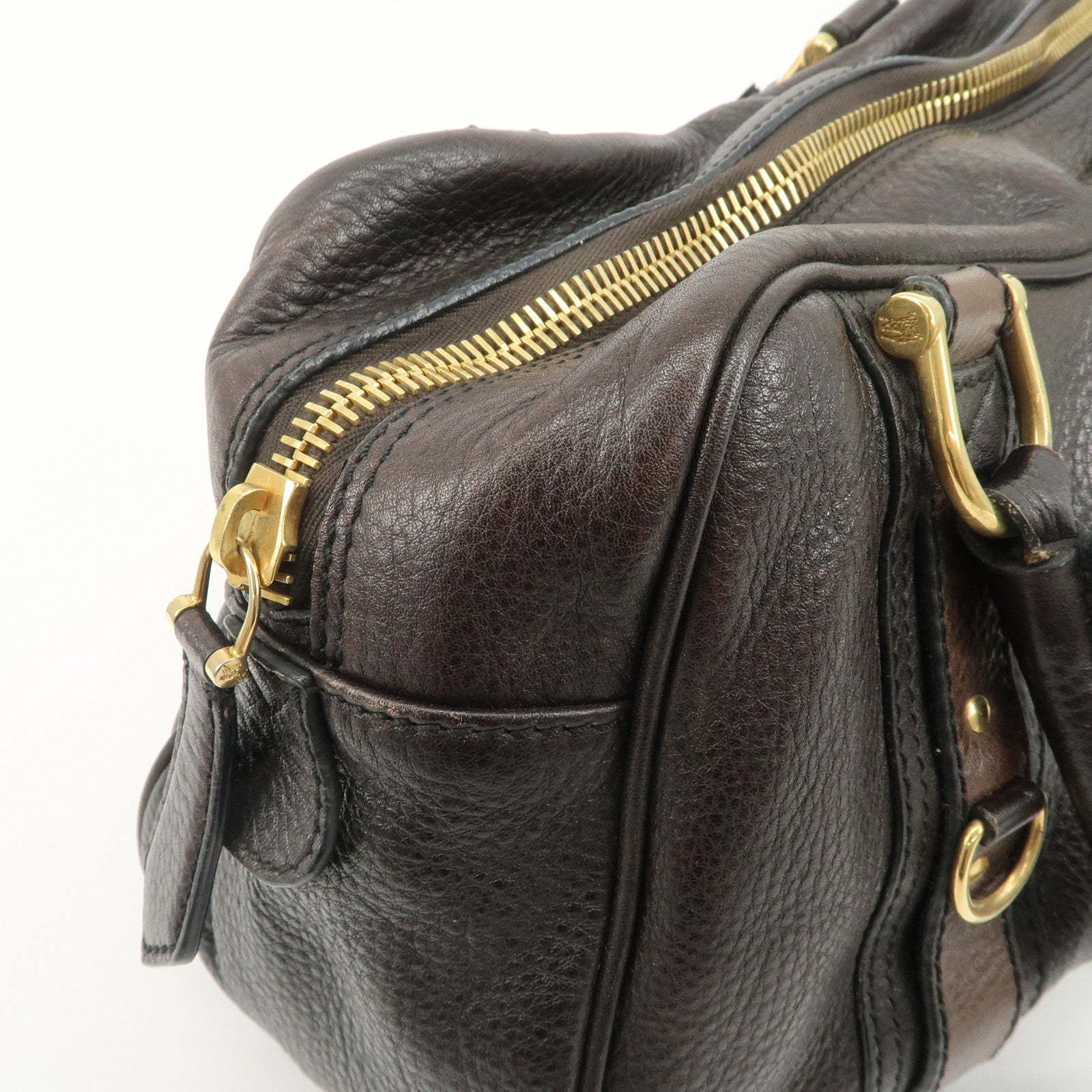 BURBERRY Leather Boston Bag Hand Bag Dark Brown