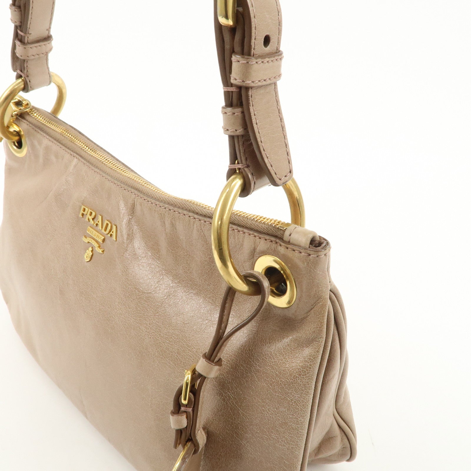 PRADA Leather Shoulder Bag Hand Bag Beige BR4984 Used