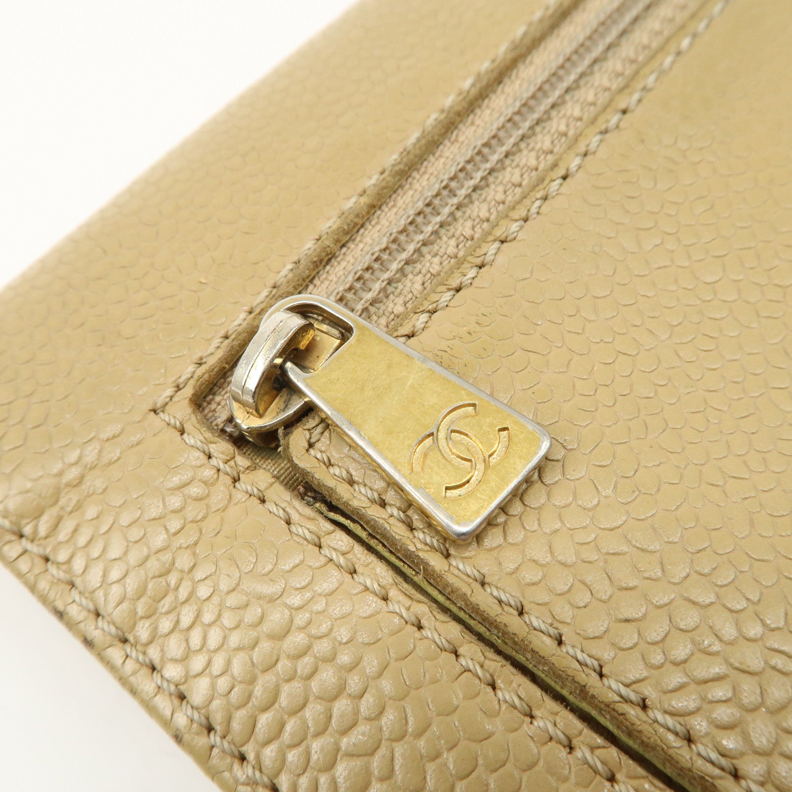 CHANEL Caviar Skin COCO Mark Tri-Fold Wallet Beige Gold