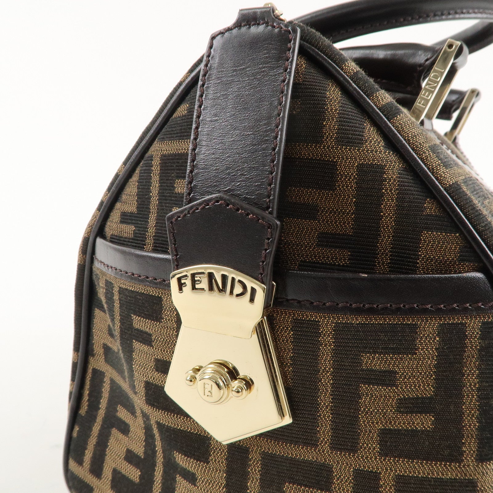 FENDI Zucca Canvas Leather Mini Boston Bag Black Brown 8BL104