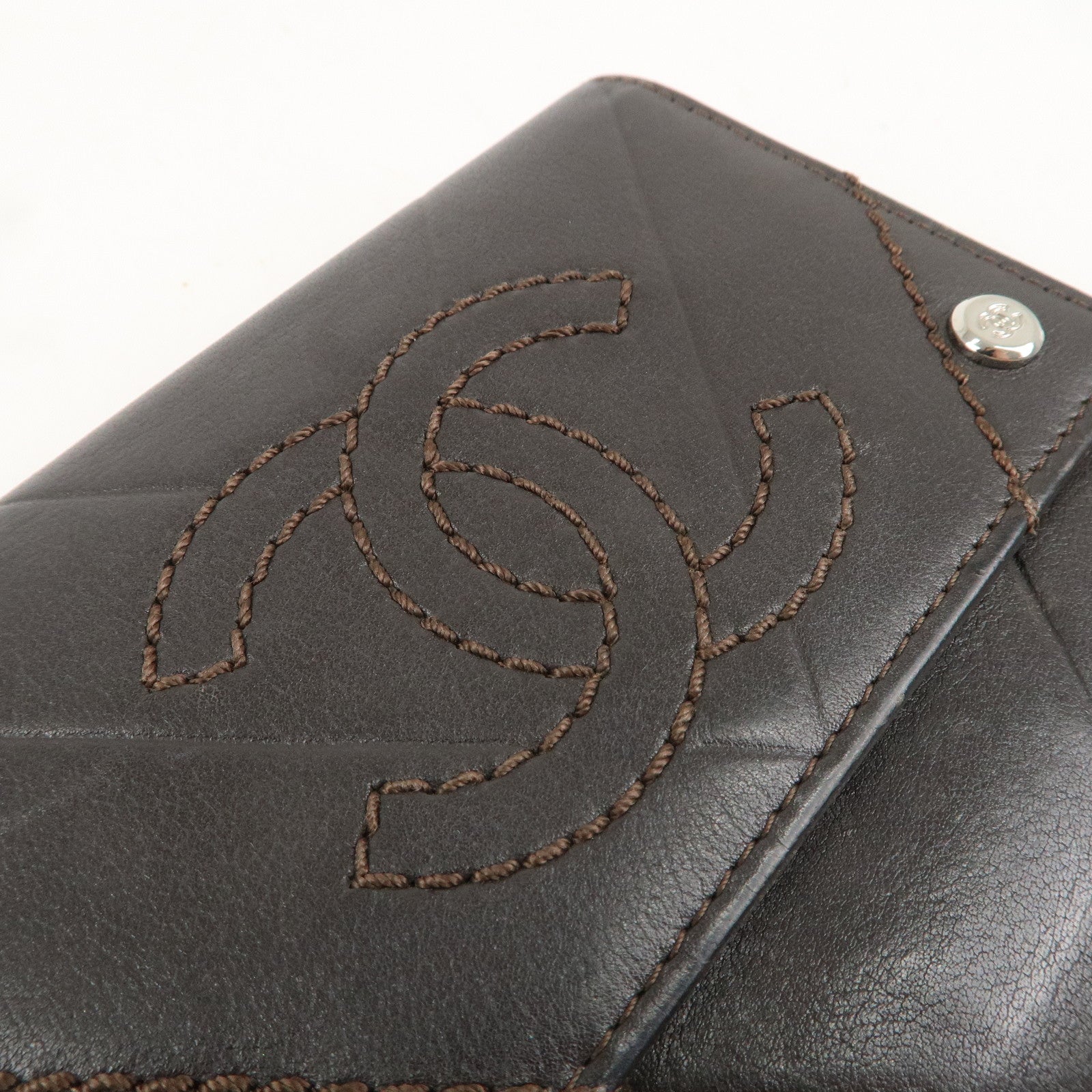 CHANEL Lamb Skin Coco Mark Double Hook Wallet Dark Brown