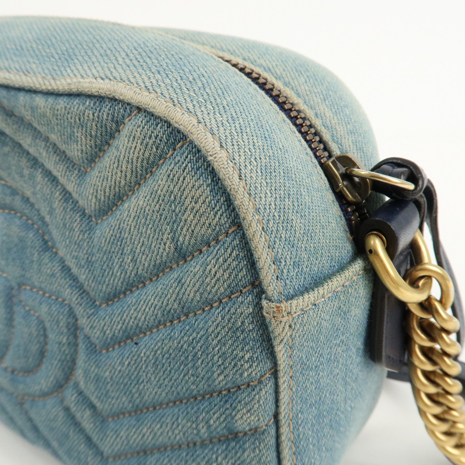 GUCCI GG Marmont Denim Leather Chain Shoulder Bag LIght Blue447632 Used