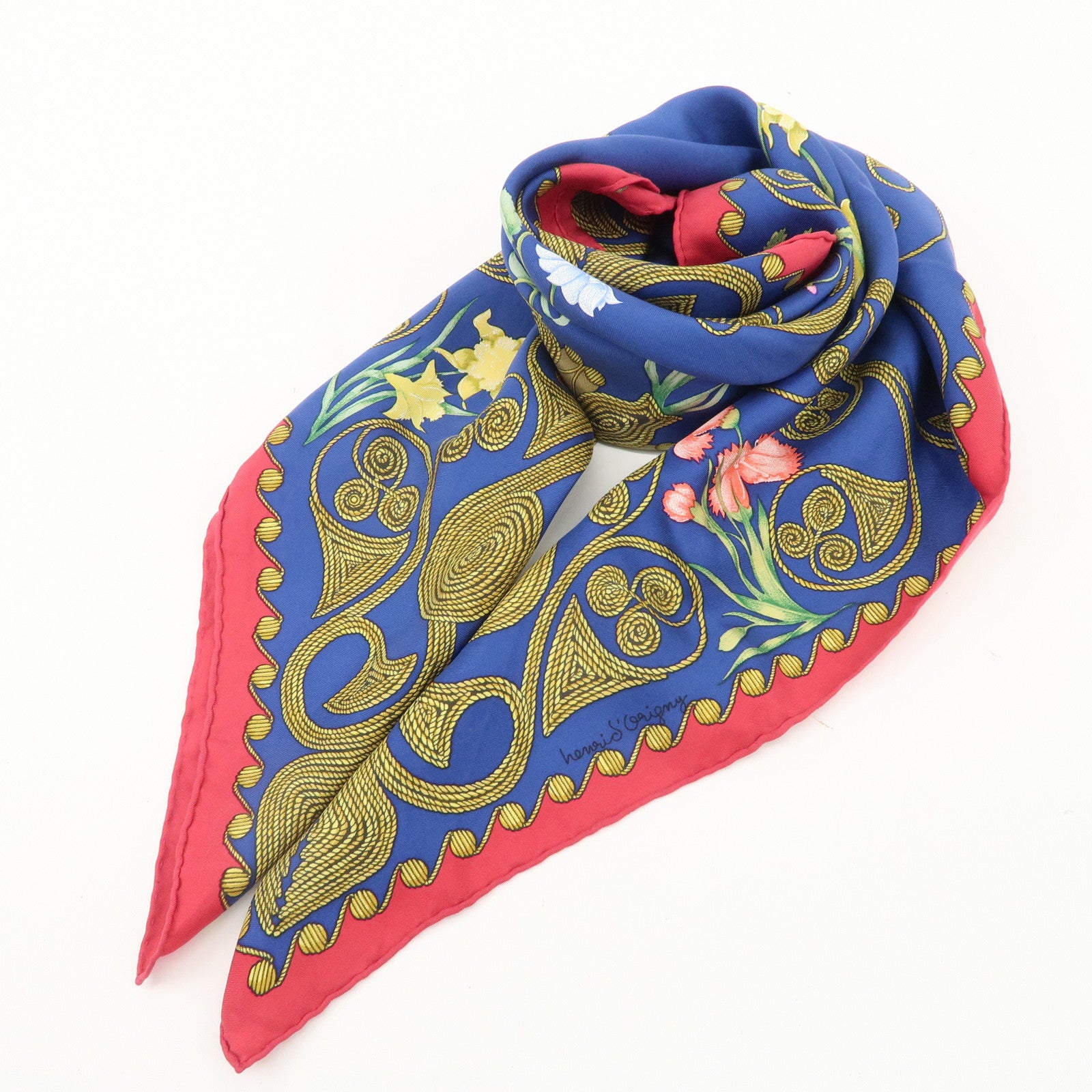 HERMES Carre 90 Scarf Silk 100% ARABESQUE BLue Red Used