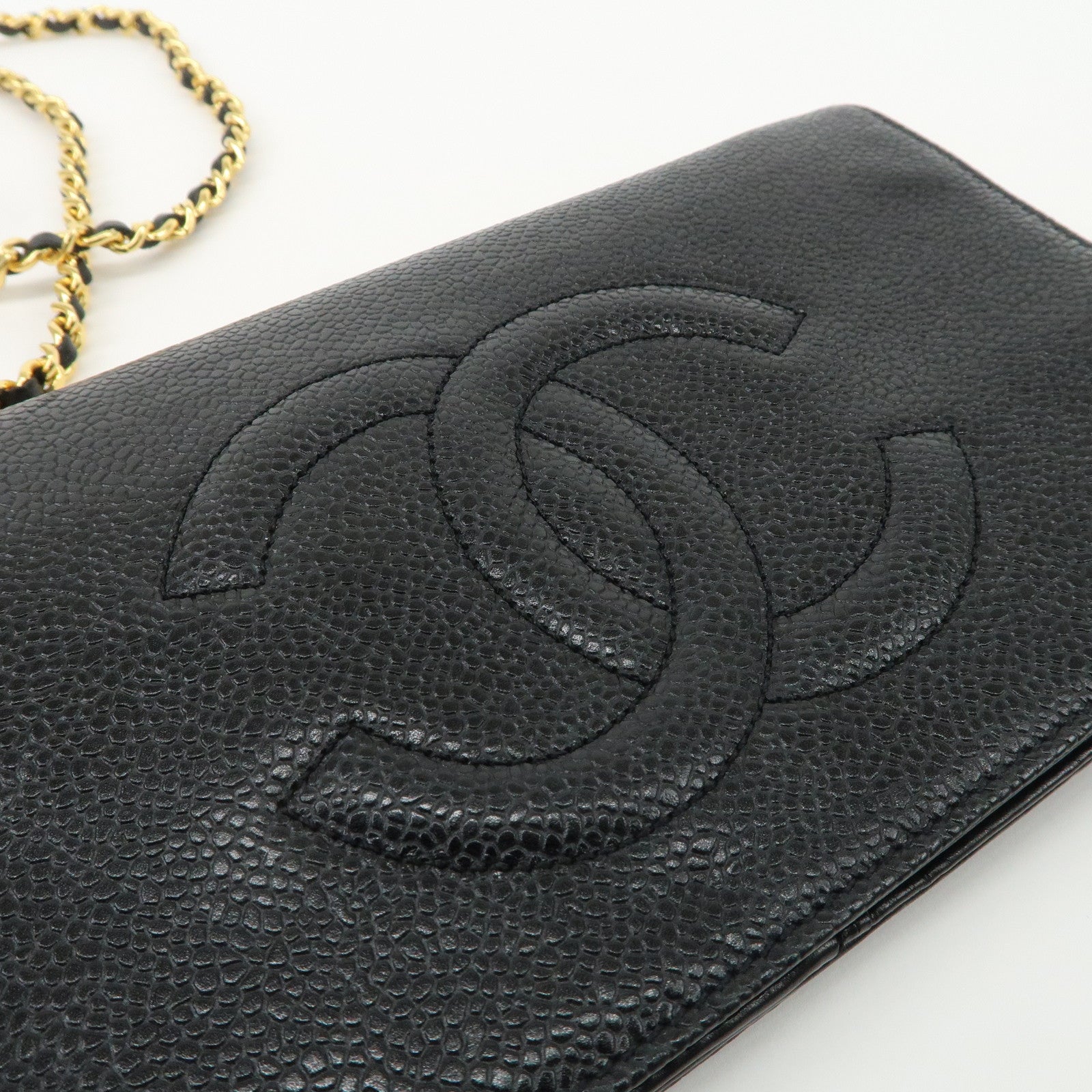 CHANEL Caviar Skin Coco Mark Chain Wallet Shoulder Bag Black