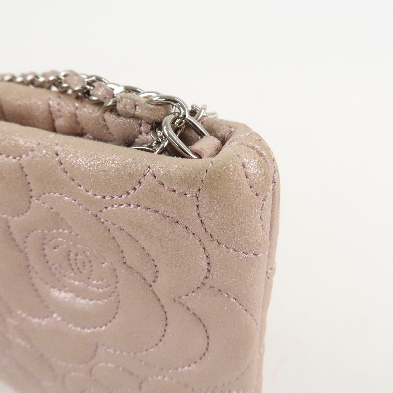 CHANEL Camelia Shiny Lambskin Chain Shoulder Bag Pink Used