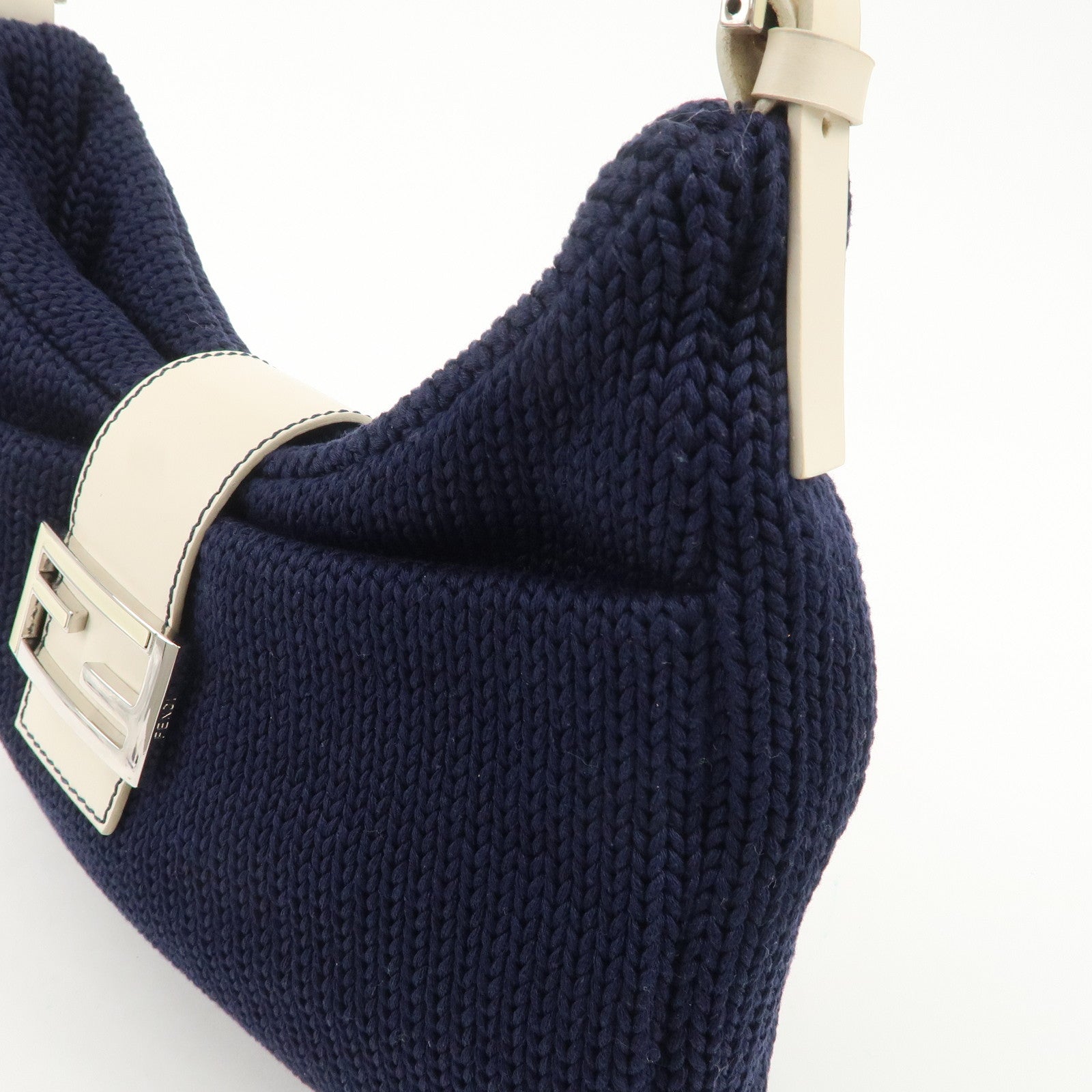 FENDI Wool Leather Shoulder Bag Navy White 26569