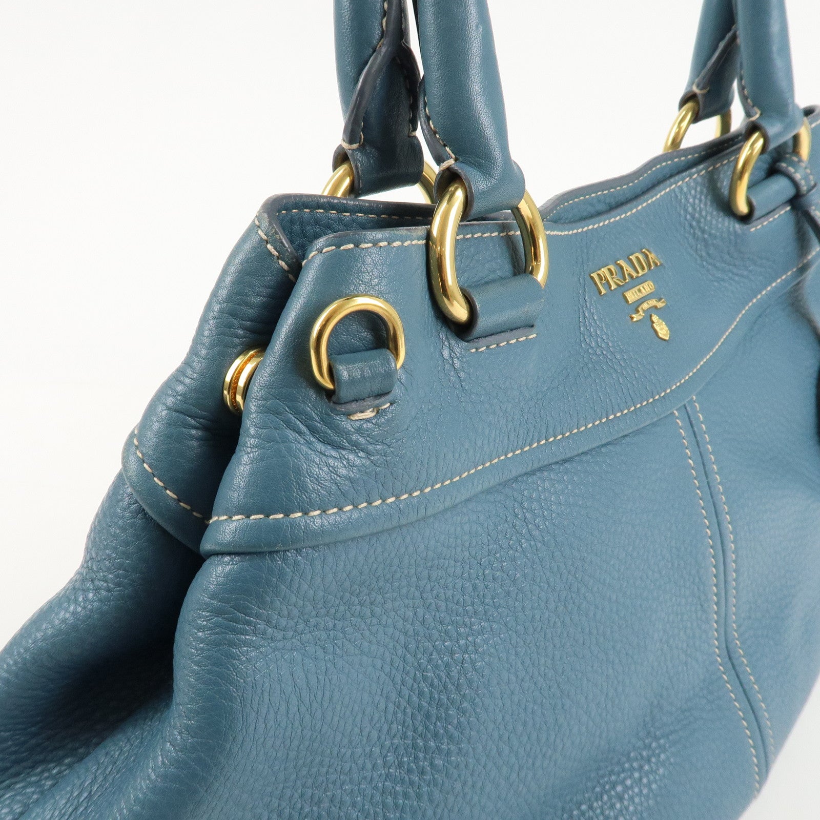 PRADA Leather 2Way Bag Hand Bag Shoulder Bag Blue Gold HDW Used