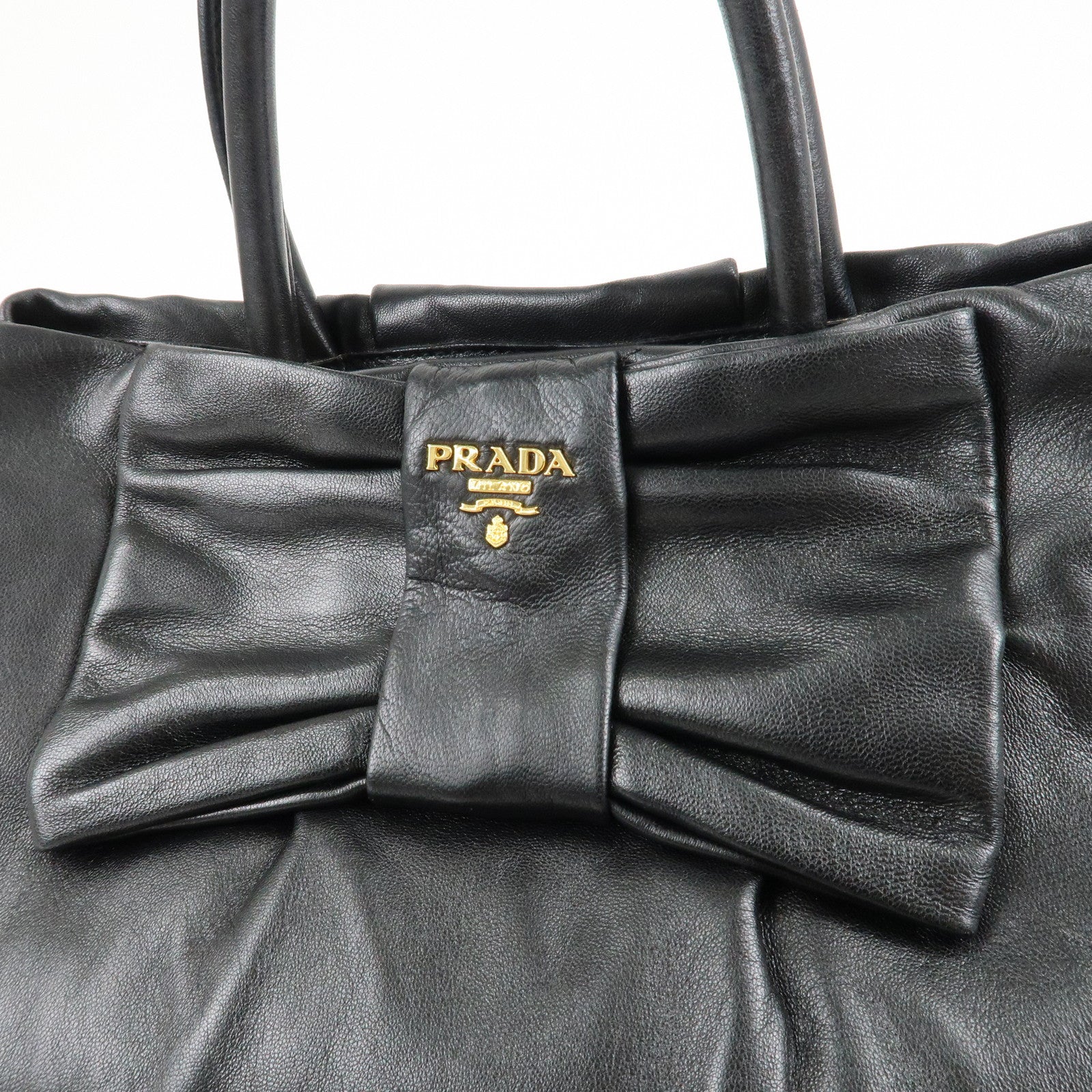 PRADA Nappa Leather Ribbon Tote Bag Hand Bag NERO Black BN1601