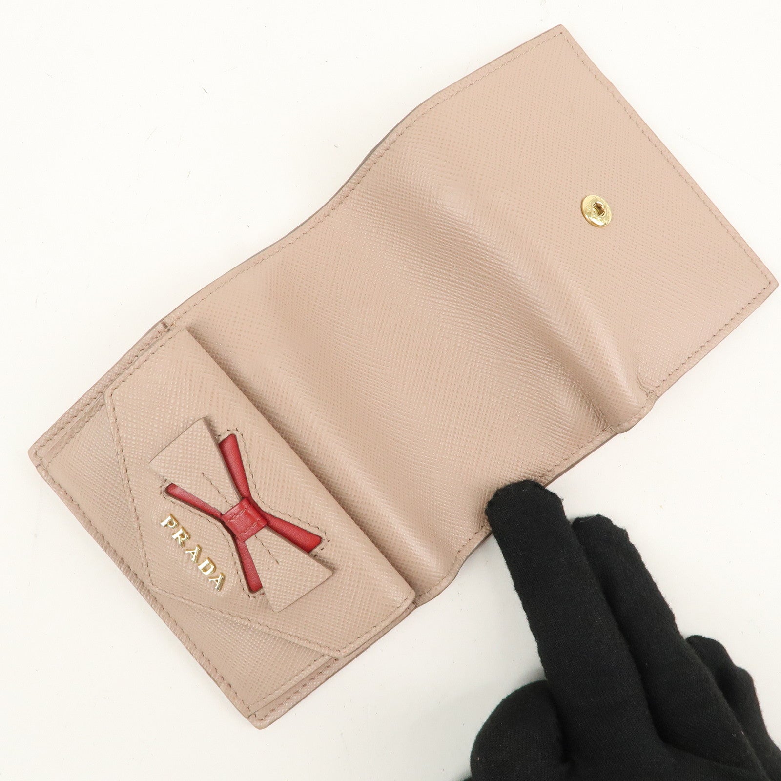 PRADA Saffiano Leather Trifold Wallet Pink Beige Red Ribbon 1MH021