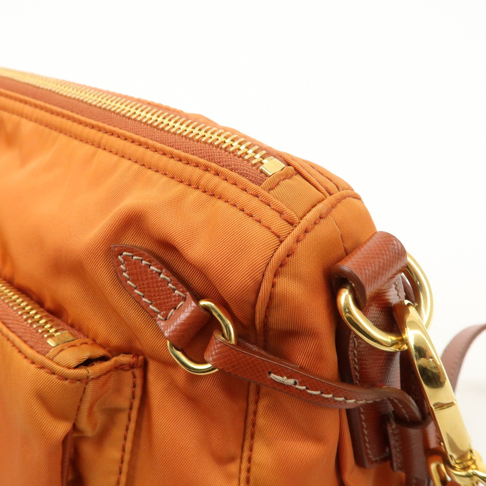 PRADA Logo Nylon Leather Shoulder Bag Gold Hardware Orange Used