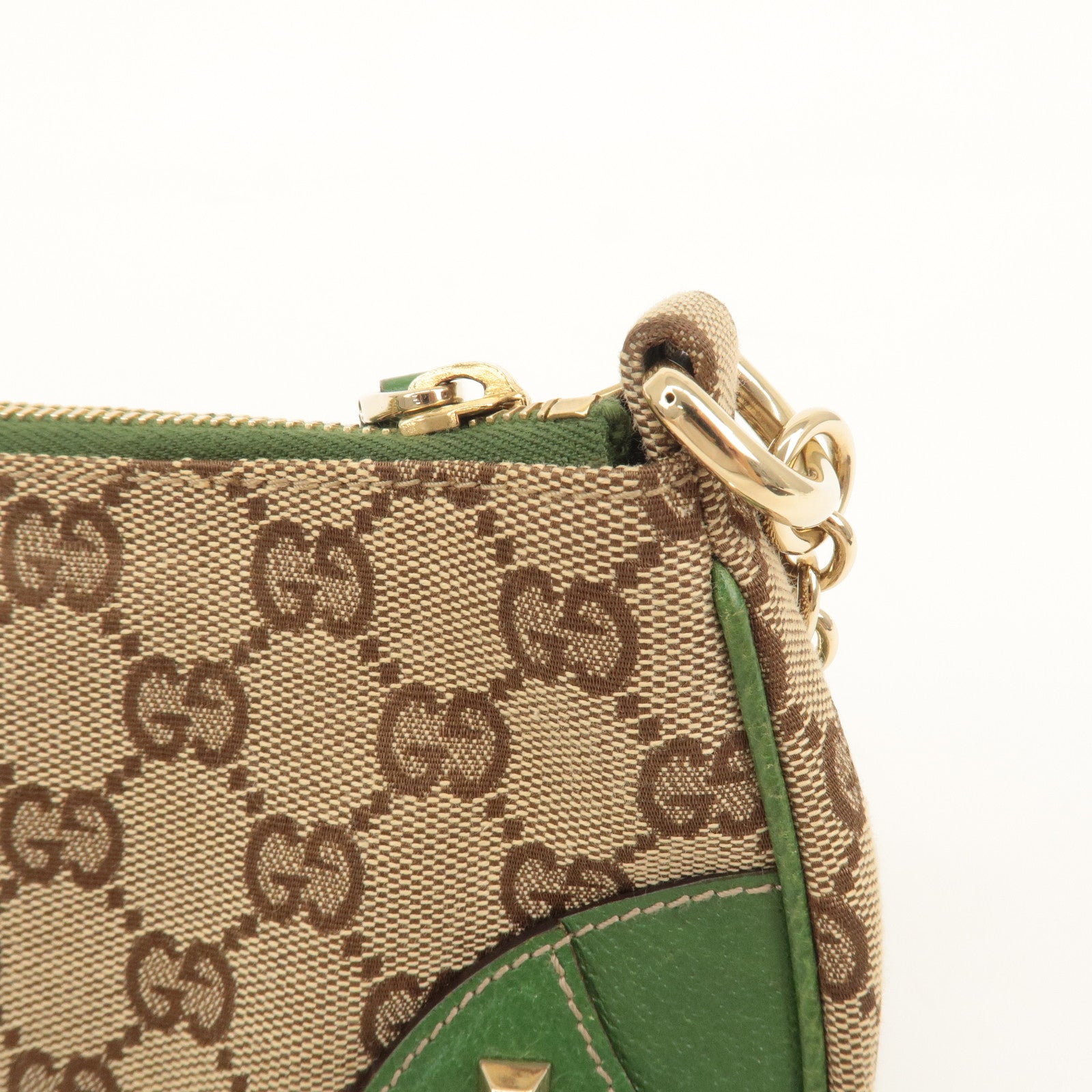 GUCCI GG Canvas Leather Chain Hand Bag Pouch Beige Green 120940