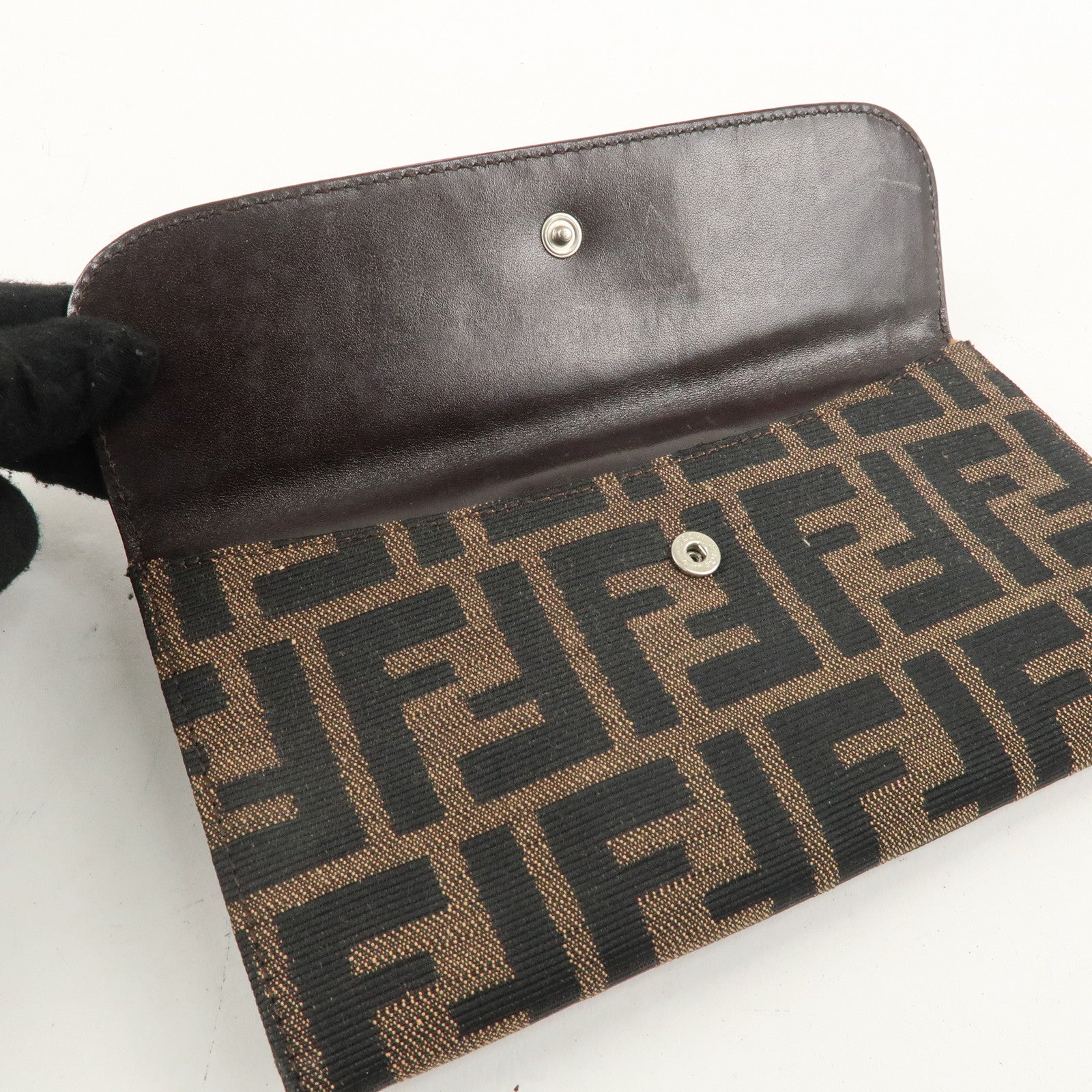 FENDI Zucca Canvas Leather Long Wallet Kahki Black Brown A1642