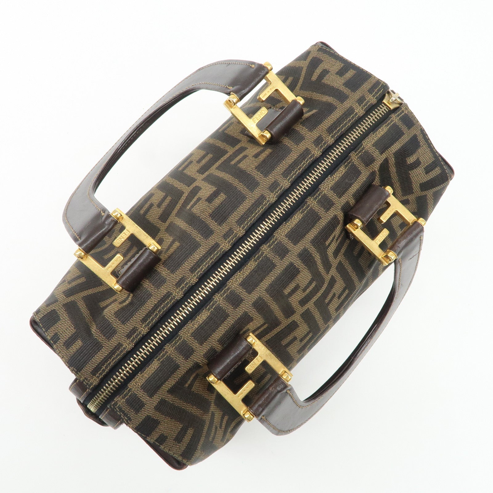 FENDI Zucca Canvas Leather Hand Bag Brown Black