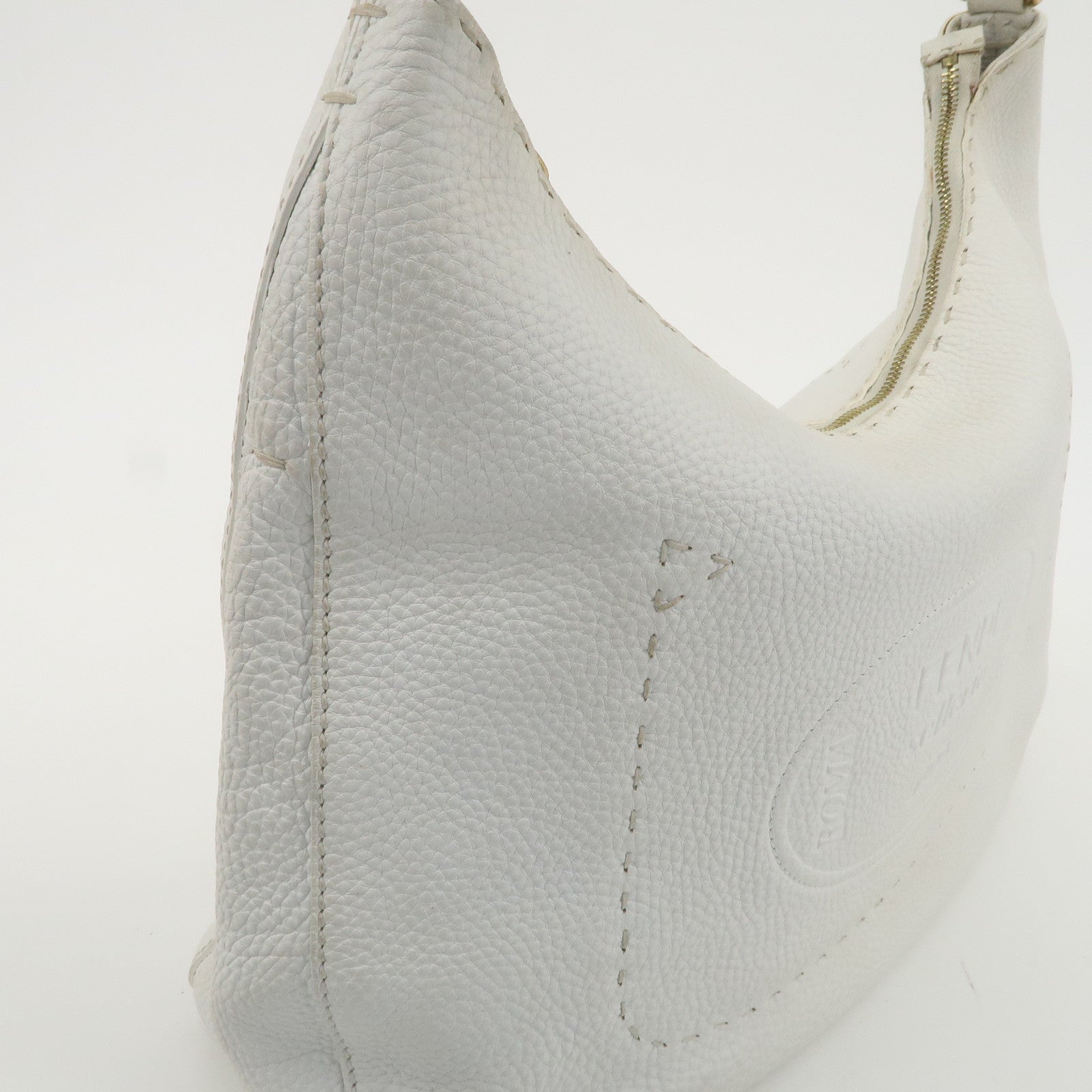 FENDI Selleria Leather Shoulder Bag White Gold Hardware 8BR648 Used