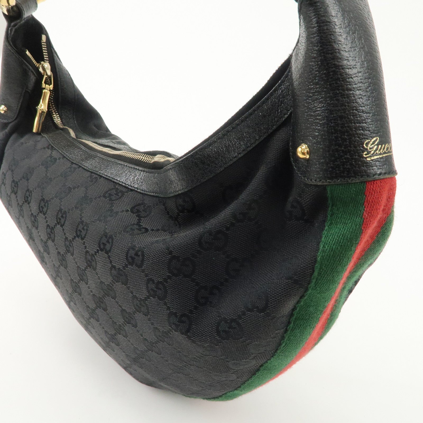 GUCCI Bamboo Sherry GG Canvas Leather Shoulder Bag Black 131036