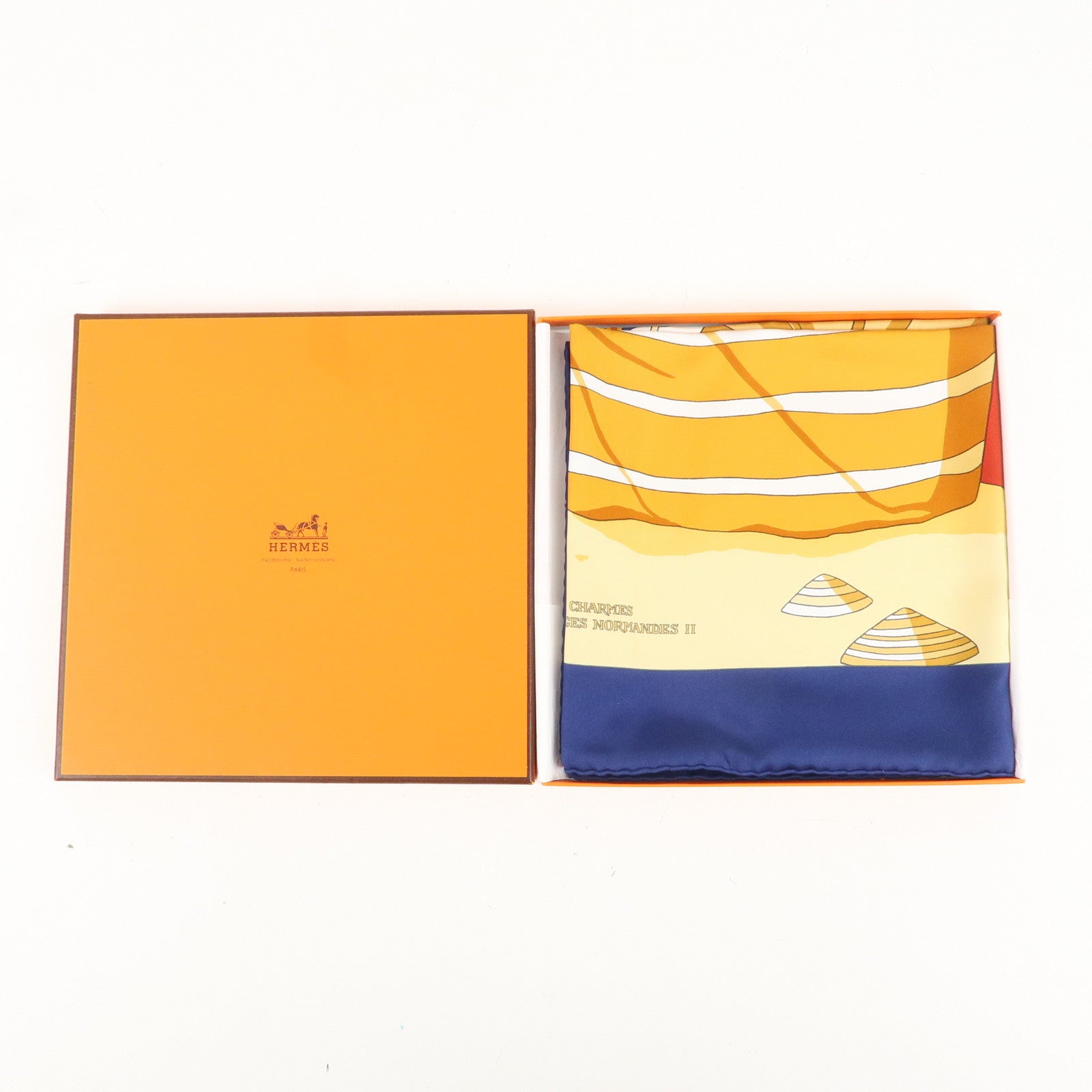 HERMES Carre 90 100% Silk Scarf CHARMES DES PLAGES NORMANDESⅡUsed F/S