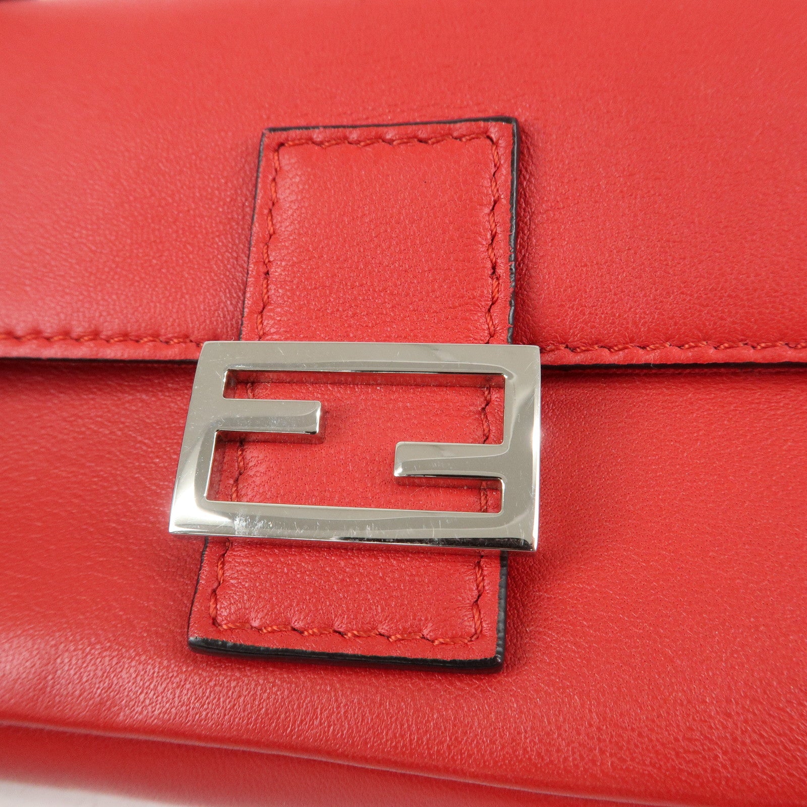 FENDI Micro Baguette Leather Shoulder Bag Red 8M0354 Used