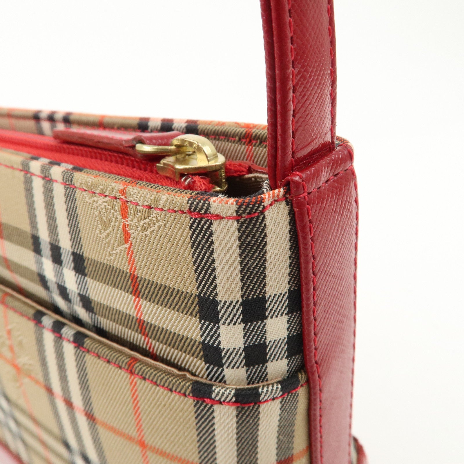 BURBERRY Nova Plaid Canvas Leather Shoulder Bag Hand Bag Red