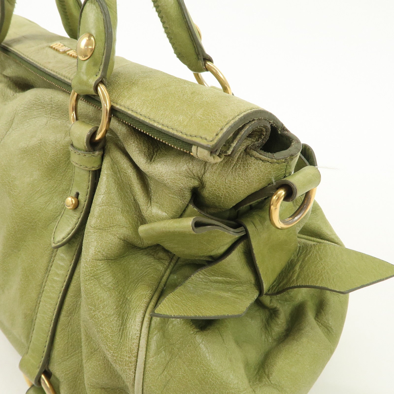 MIU MIU Leather 2WAY Bag Hand Bag Shoulder Bag Gold HDW Green Used