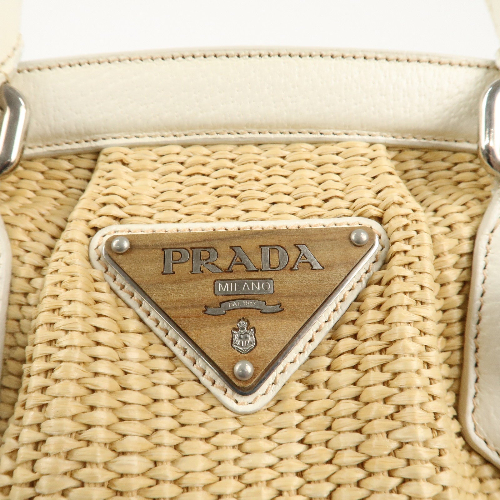 PRADA Logo Raffia Leather Hand Bag Shoulder Bag Ivory BR3508