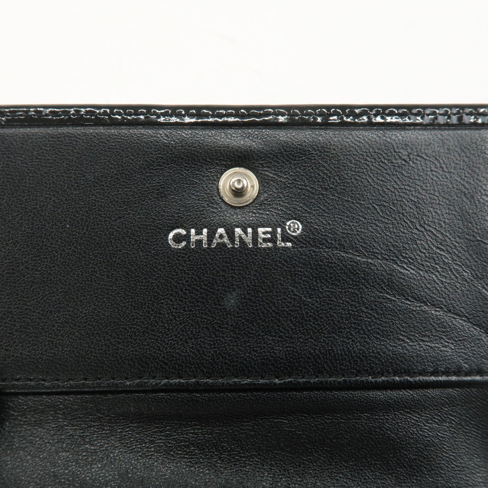 CHANEL Patent Leather Tri-fold Wallet Black