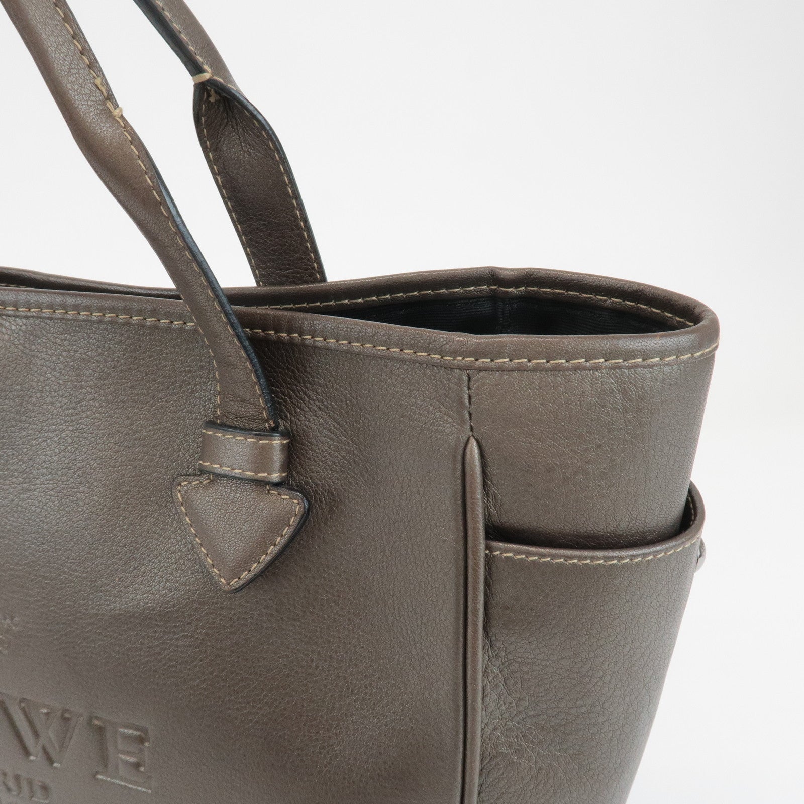 LOEWE Heritage Leather Tote Bag Shoulder Bag Brown Silver Hardware Used