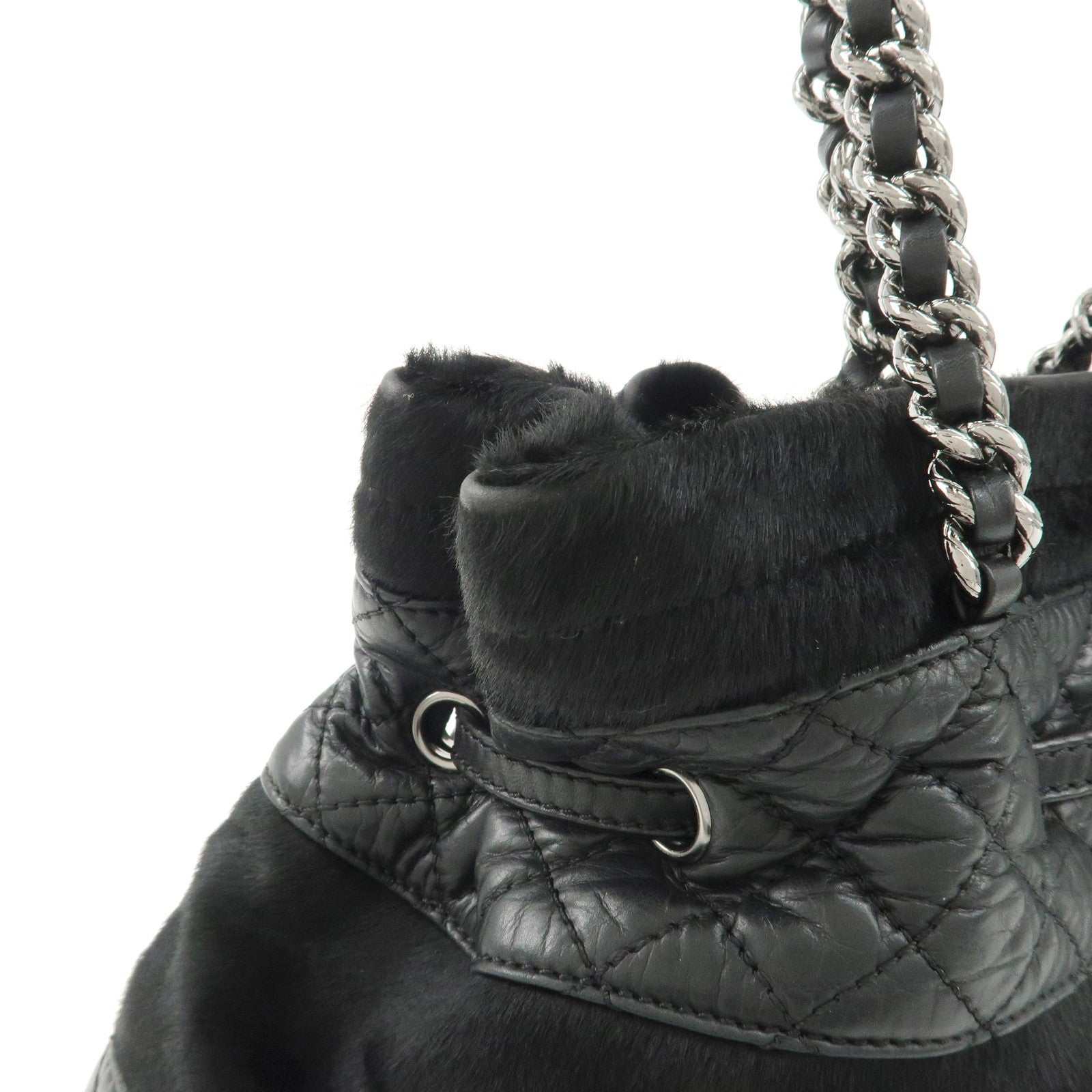 CHANEL Matelasse Pony Hair Leather Chain Drawstring Tote Bag Used