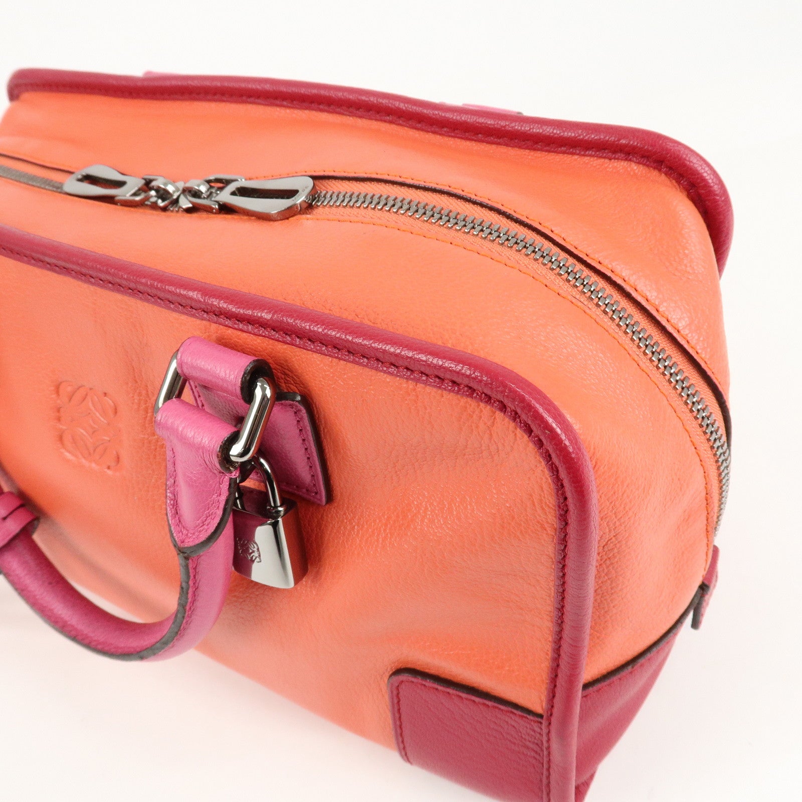 LOEWE Anagram Leather Amazona 28 Hand Bag Orange Bordeaux Pink Used