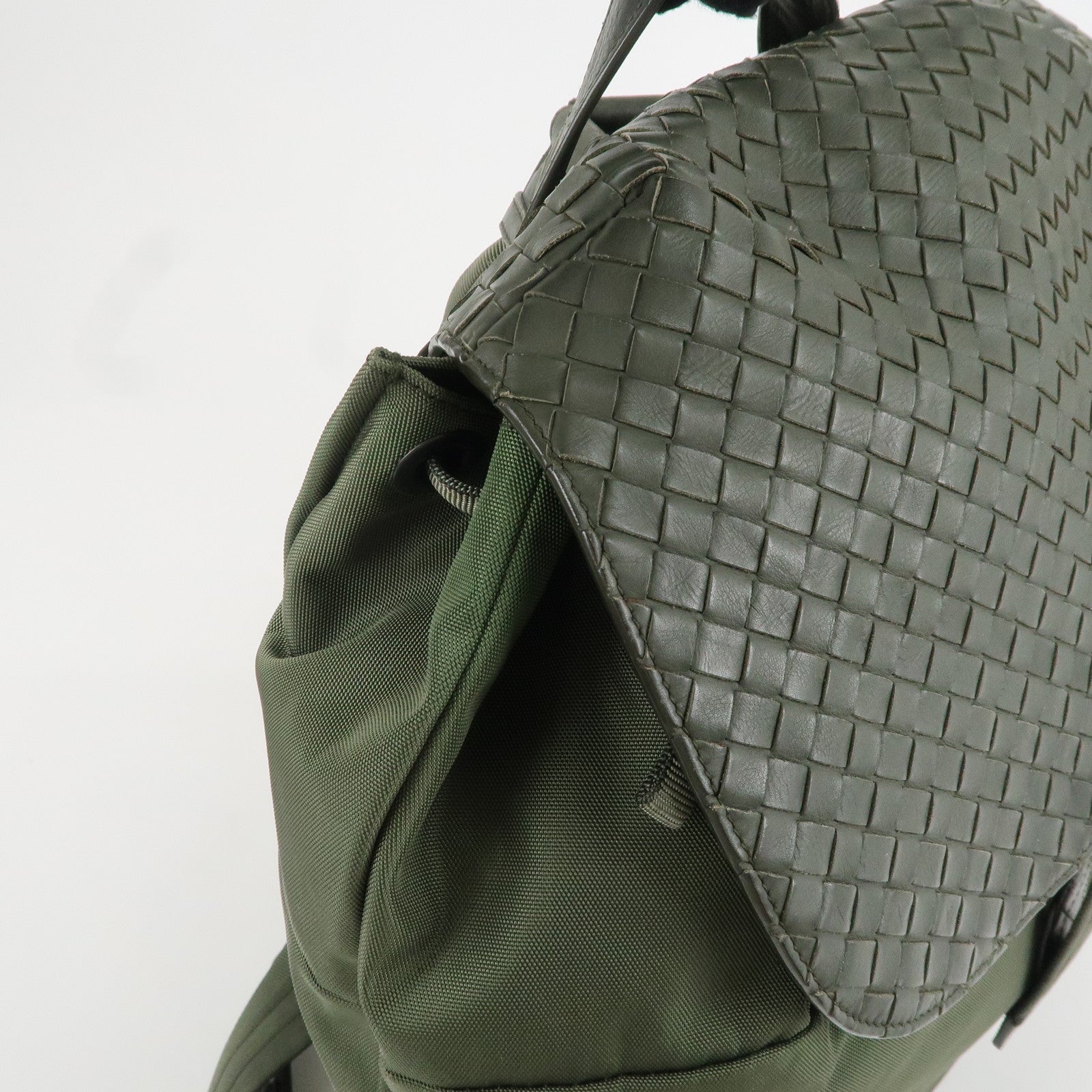 BOTTEGA VENETA Intrecciato Canvas Leather Backpack Rucksack Khaki