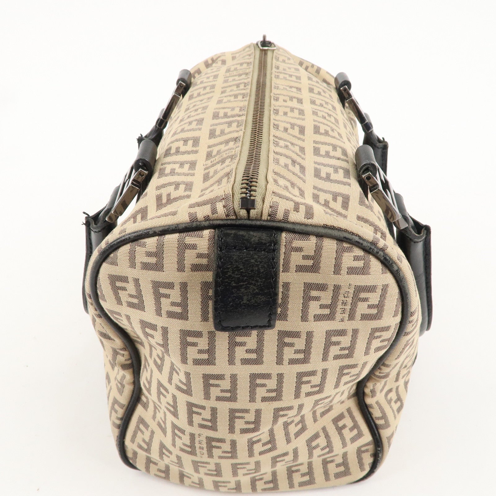 FENDI Zucchino Canvas Leather Mini Boston Bag Beige Black