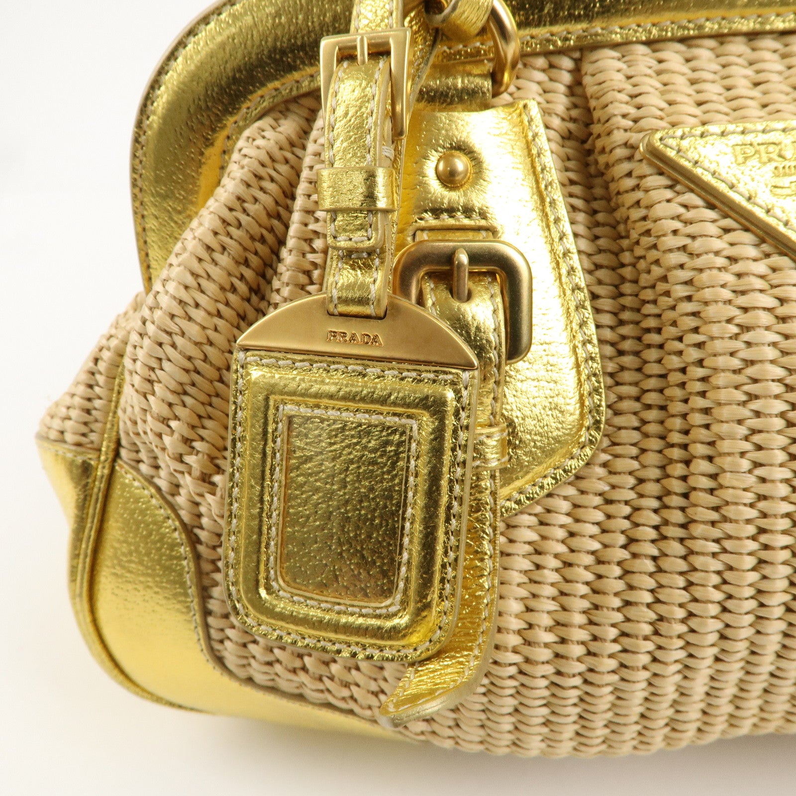 PRADA Raffia Leather Chain Shoulder Bag Natural Gold BR3692