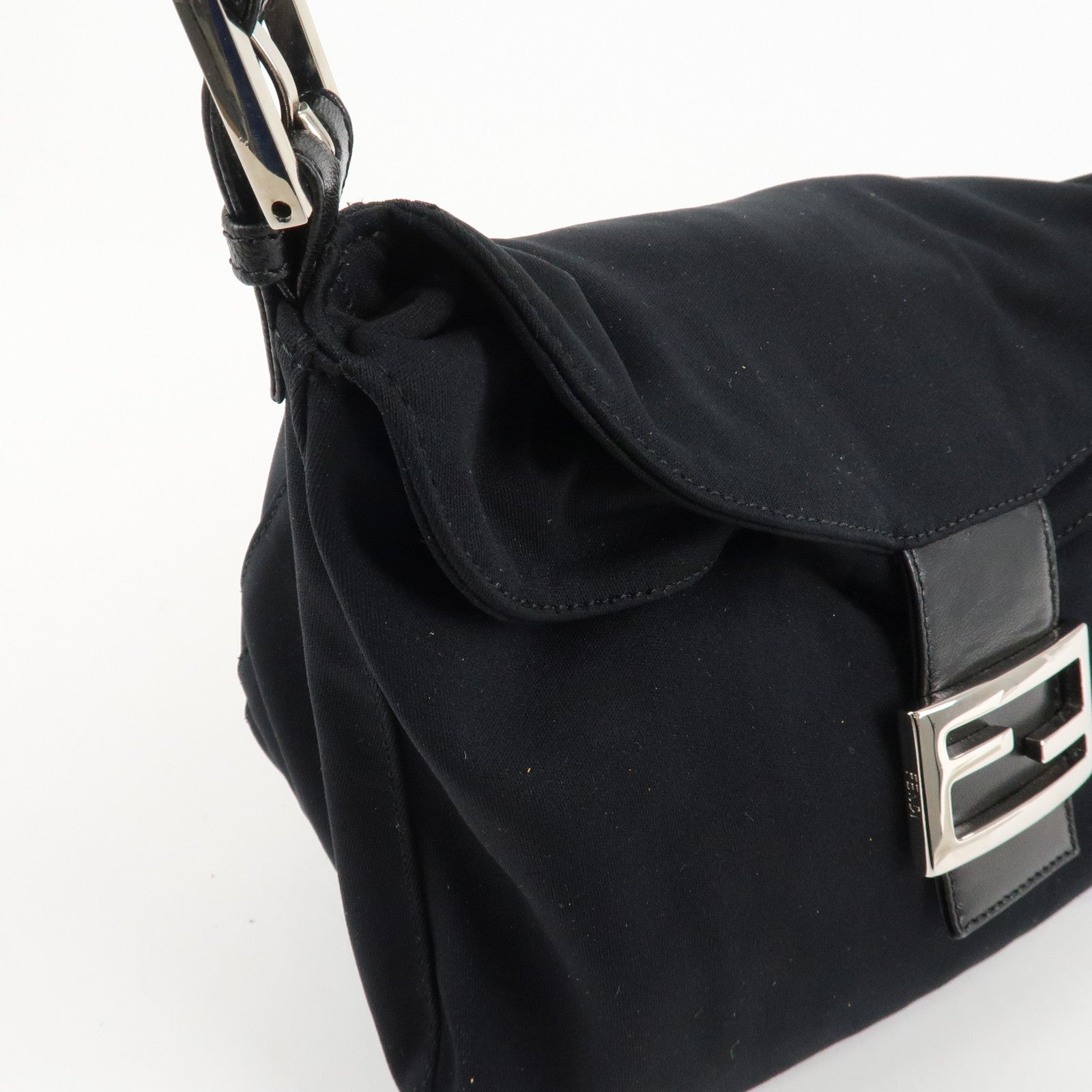 FENDI Mamma Baguette Nylon Jersey Leather Shoulder Bag Black