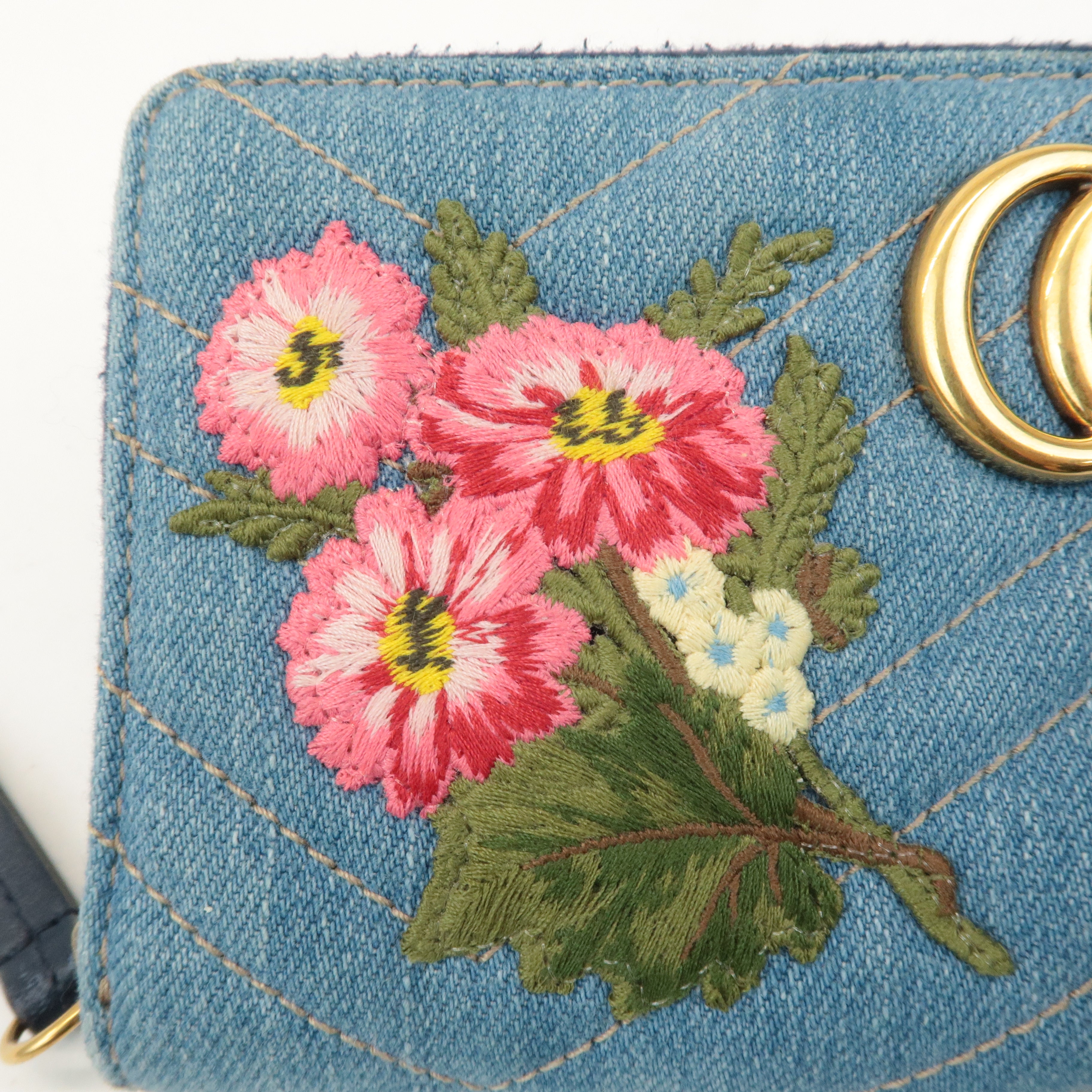 GUCCI GG Marmont Denim Zip Around Wallet Floral Pattern 443123 Used