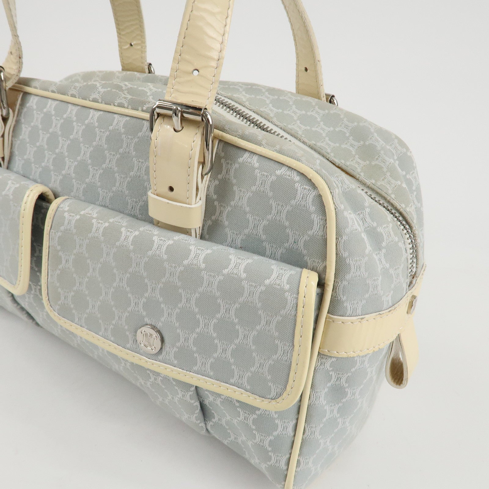 CELINE Macadam Canvas Patent Leather Boston Bag Blue Ivory Used