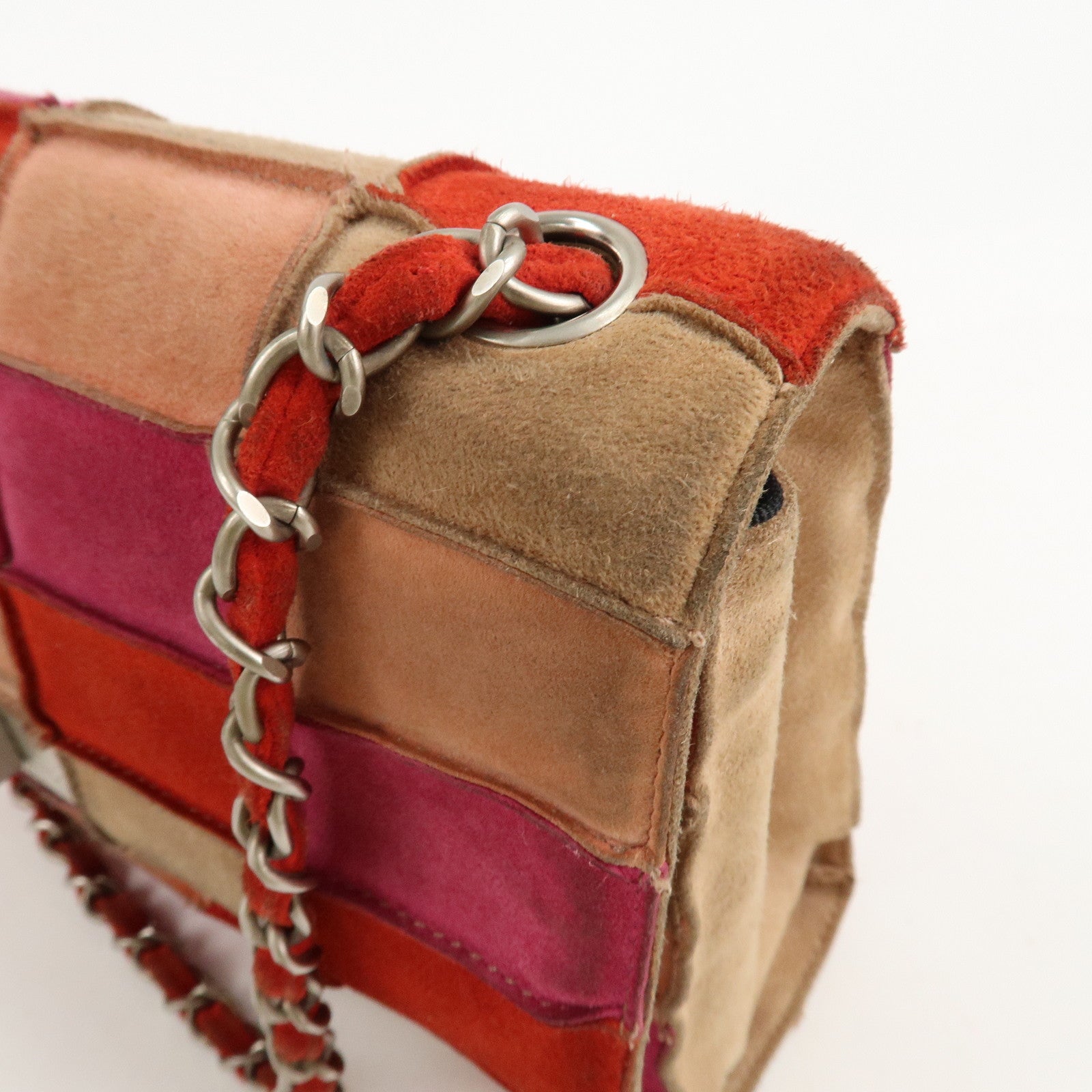 CHANEL Suede Patchwork Shoulder Bag Pink Beige Red