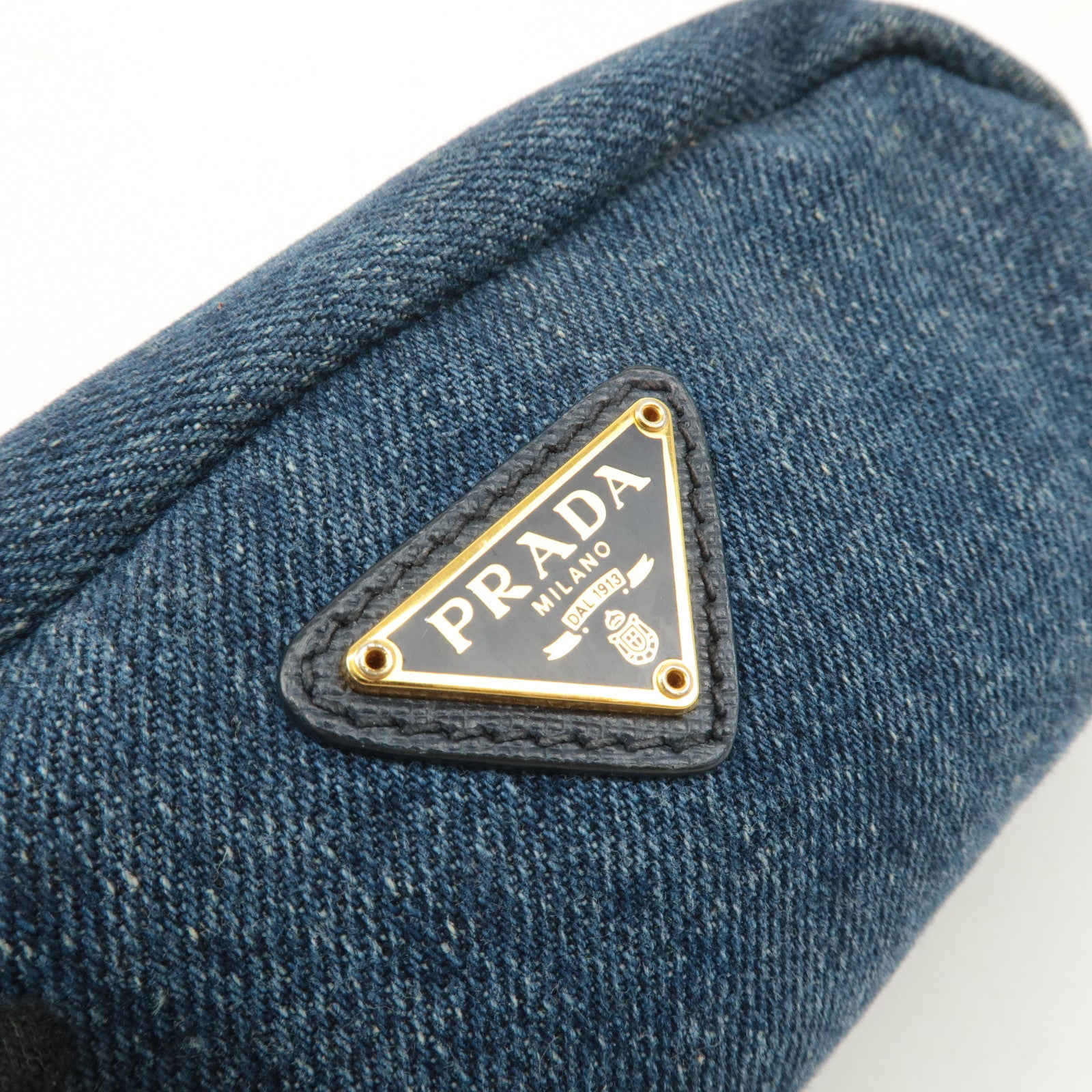 PRADA Logo Denim Pouch Cosmetic Pouch Blue Gold Hardware