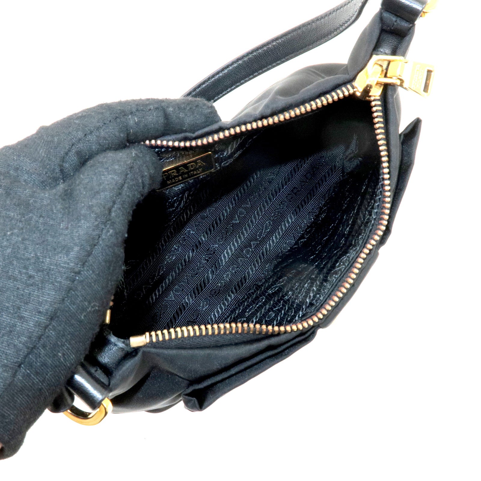 PRADA Leather Ribbon Pouch Shoulder Bag Black 1N1439