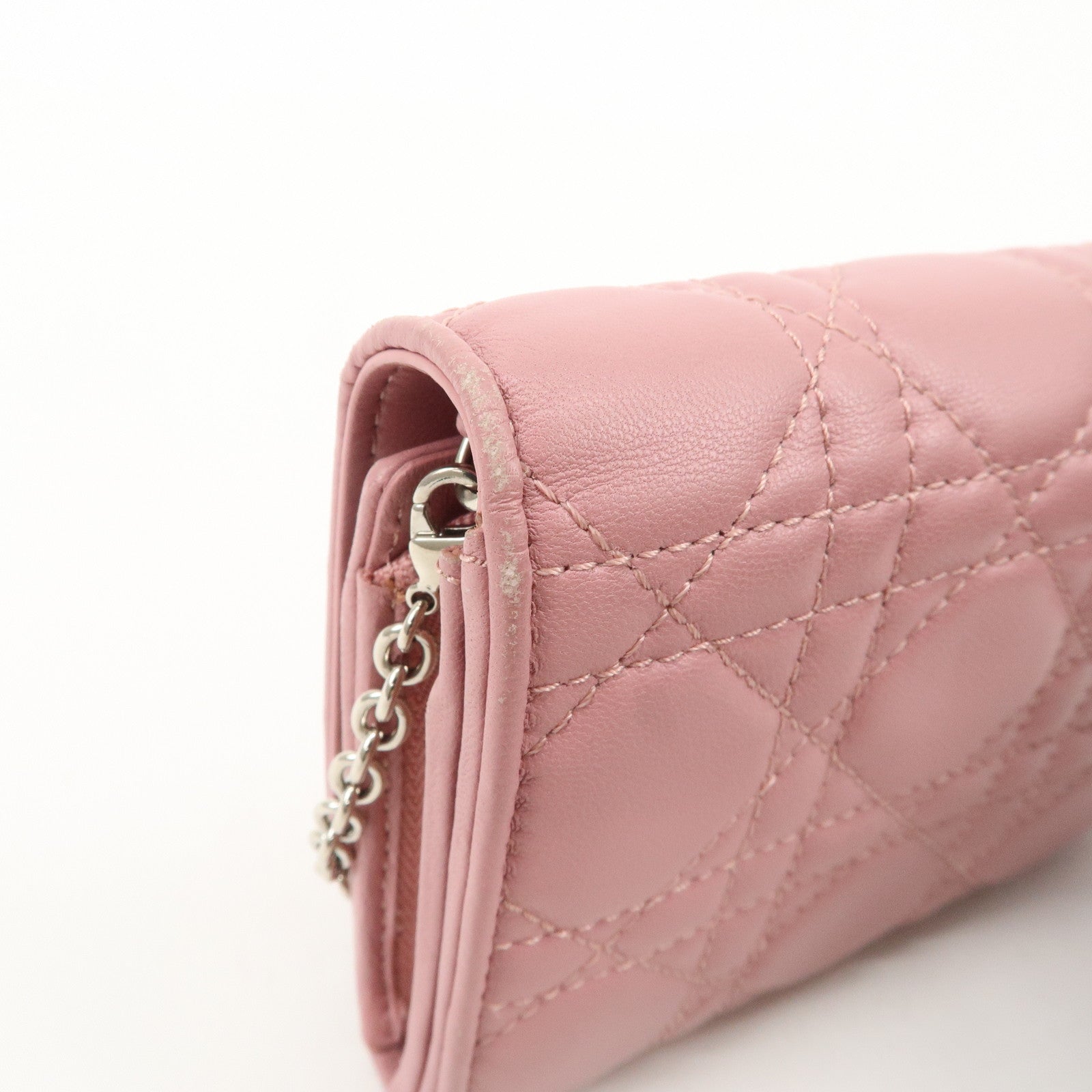 Christian Dior Cannage Dior Leather Chain Wallet Pink Used