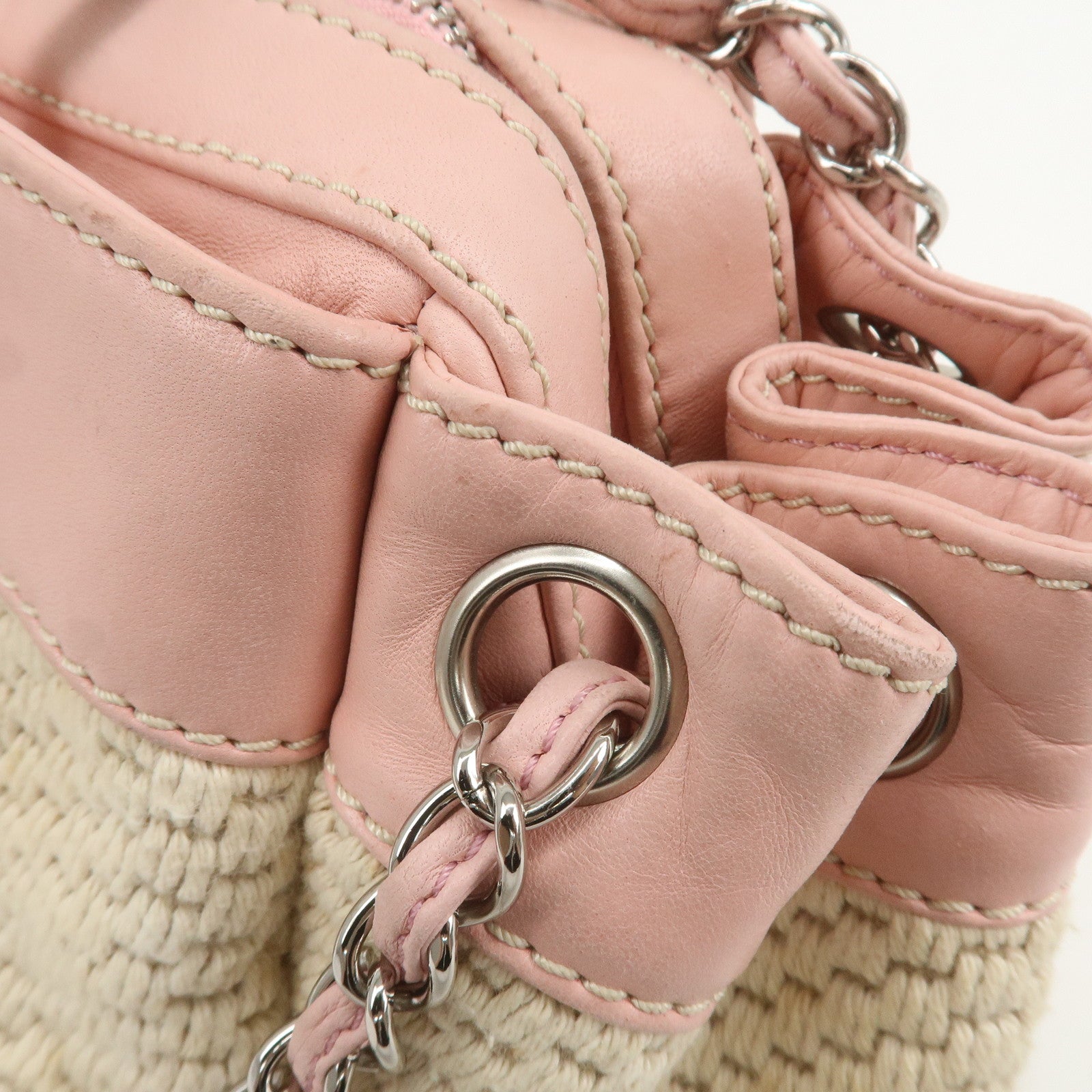 CHANEL Canvas Leather Logo Chain Tote Bag Beige Pink